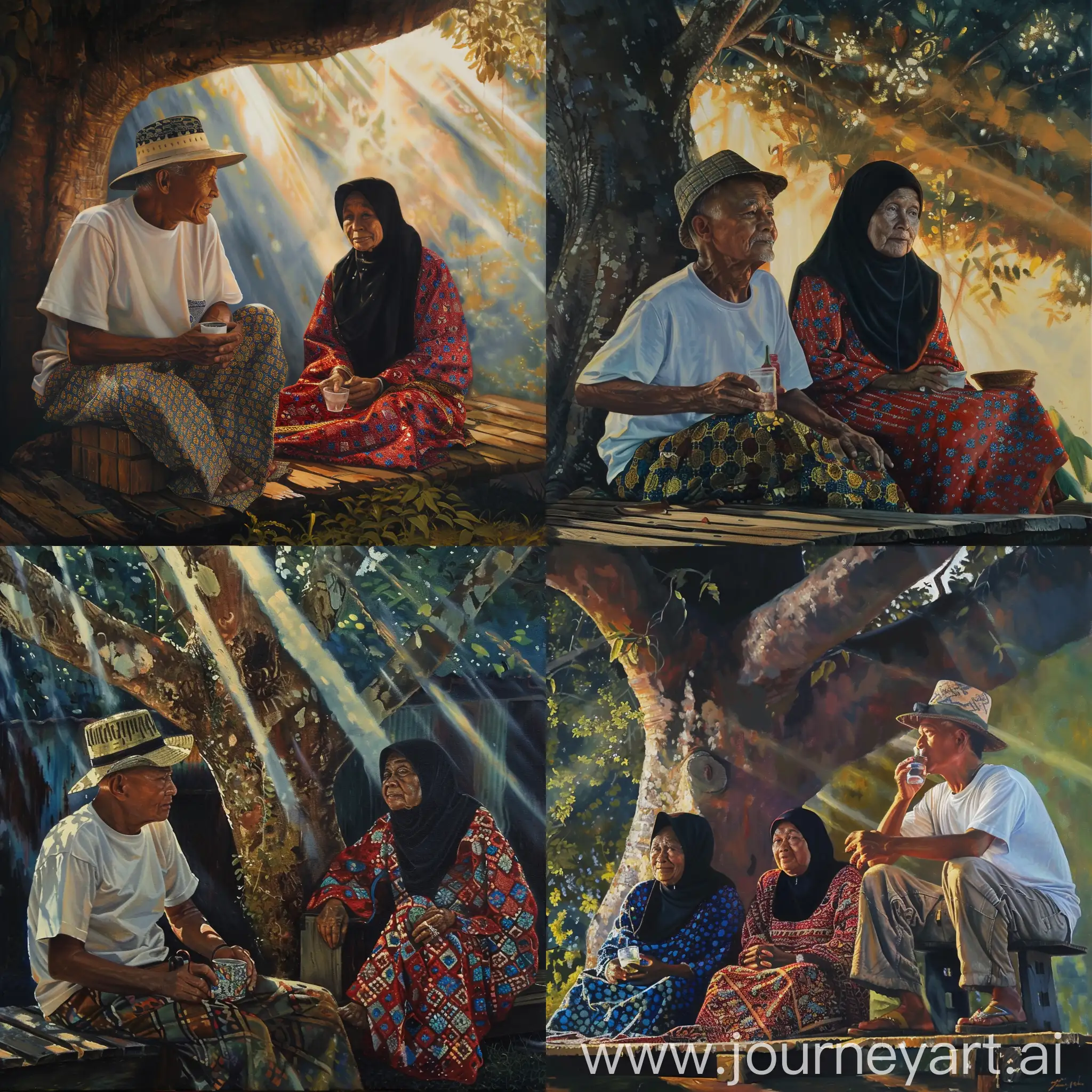 an Old Malay man. wearing a hat wearing a white t-shirt. wear a square-patterned sarong. sitting on a wooden platform. under the tree. while drinking water from a cup. an old Malay woman. black hijab wearing a baju kurung patterned with small blue flowers. wearing red batik fabric with a yellow flower pattern. sitting together on the platform. evening atmosphere. rays of sunlight. low angle view. using oil painting technique