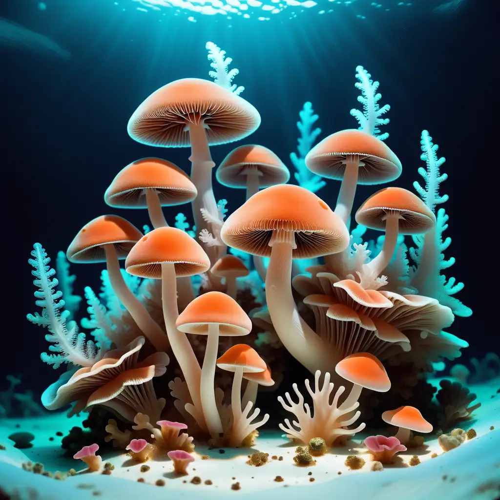 Underwater wonderland  Picture mushrooms thriving in an underwater world, their caps resembling exotic coral reefs, with bioluminescent properties that illuminate the depths with an ethereal glow on white background