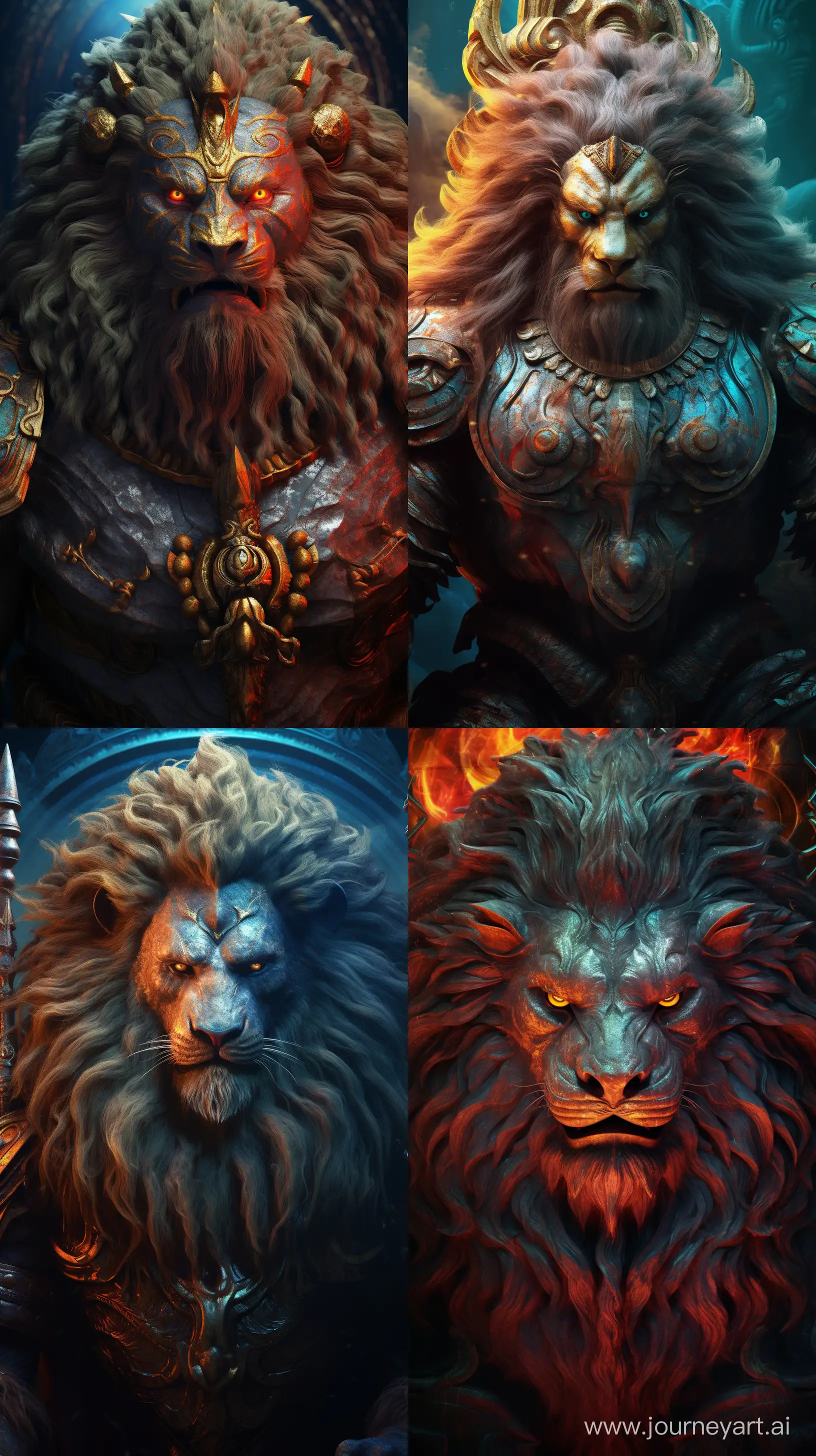 Realistic colorful images depicting Narasimha avatar from Hindu mythology, the head of a lion and a body of a human, fierce roaring look, close up image, dim ambient lighting, intricate details, 8k quality images --ar 9:16
