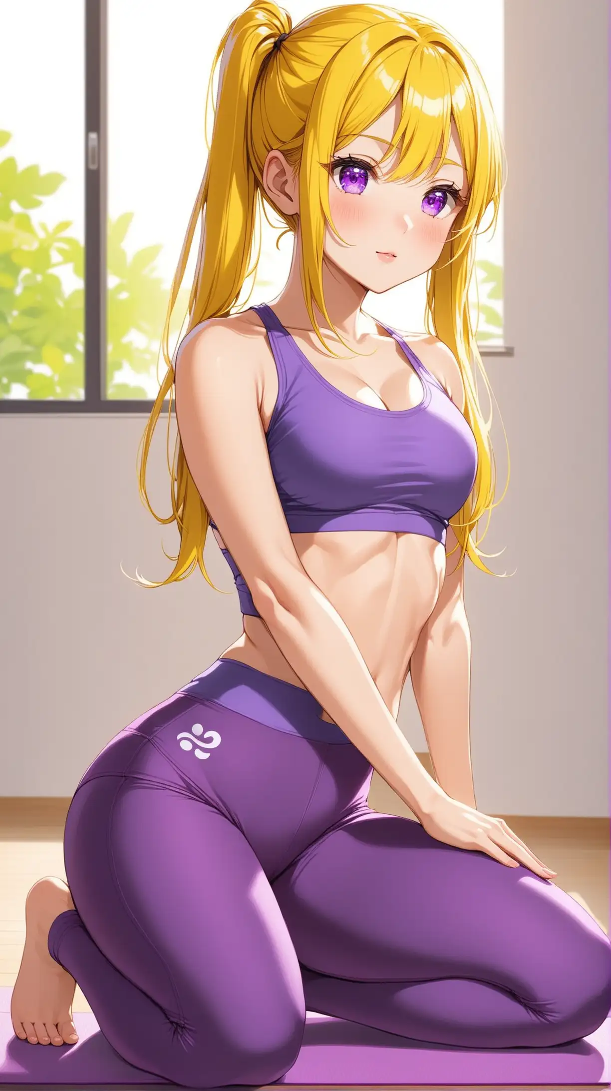 Girl with yellow pigtails, purple eyes, purple yoga pants