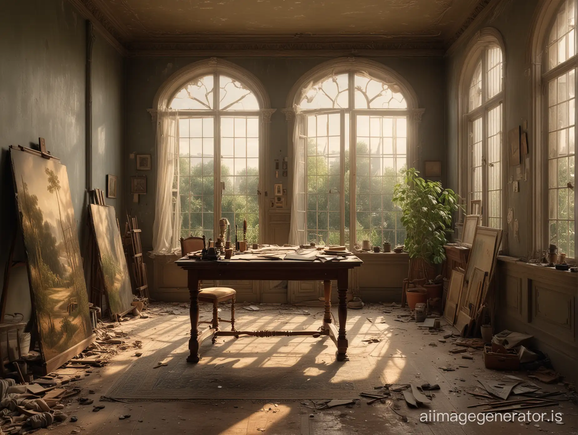 create a highly detailed photo-realistic, abandoned, classically composed Italianate artist's studio in the style of Jan van Eyck, 24mm lens, magic hour