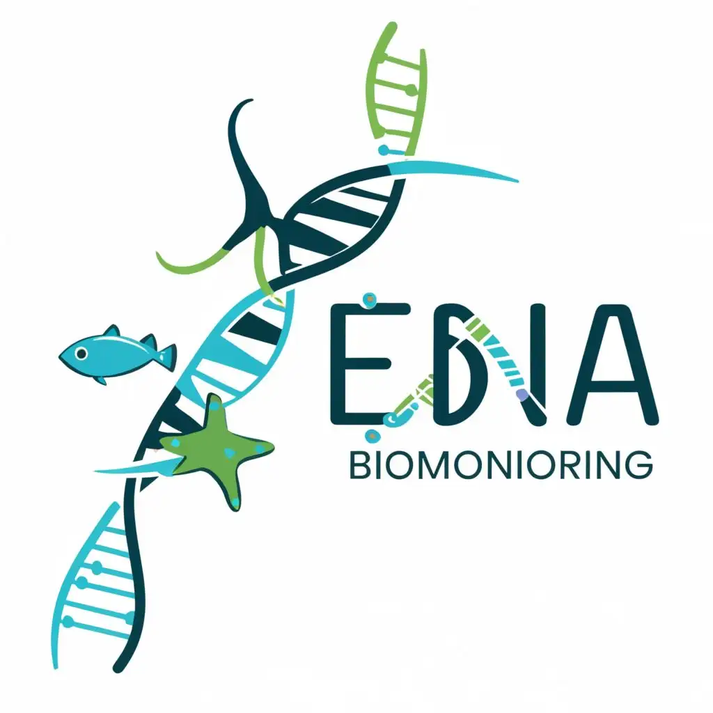 logo, DNA with fish and sea star in blue and teal with white background, with the text "eDNA biomonitoring", typography, be used in Technology industry