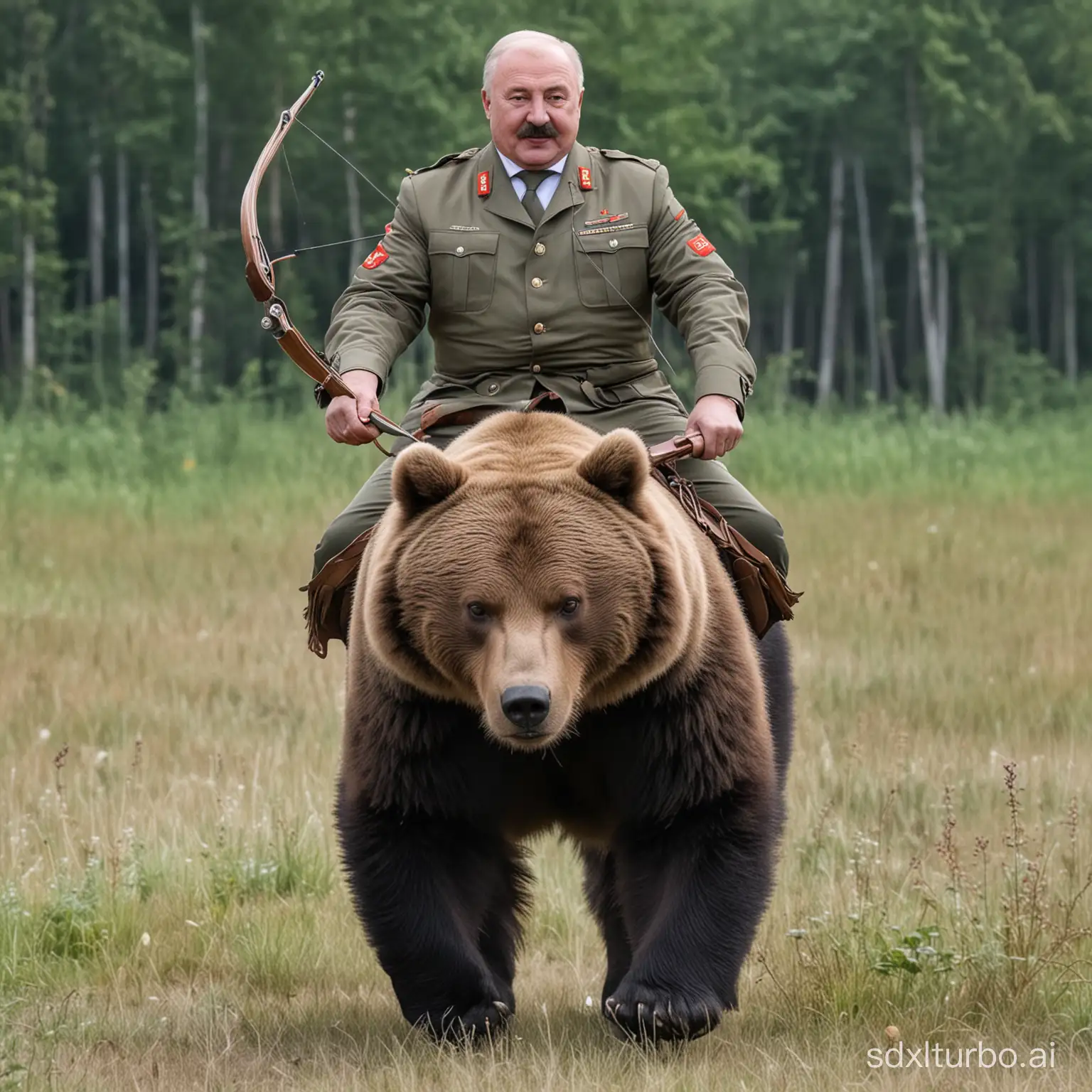 Lukashenko riding on a bear with a bow