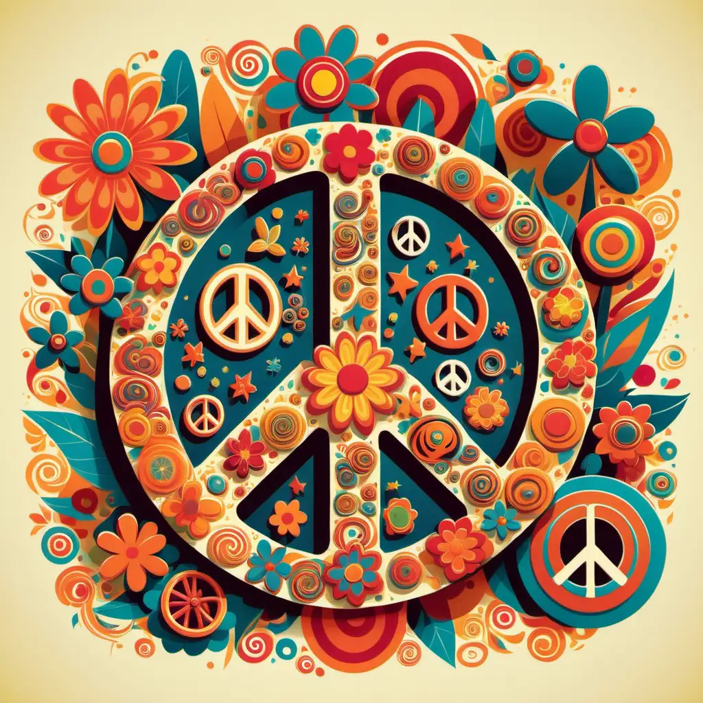 Create a groovy illustration incorporating elements like peace signs, flowers, and swirling patterns.