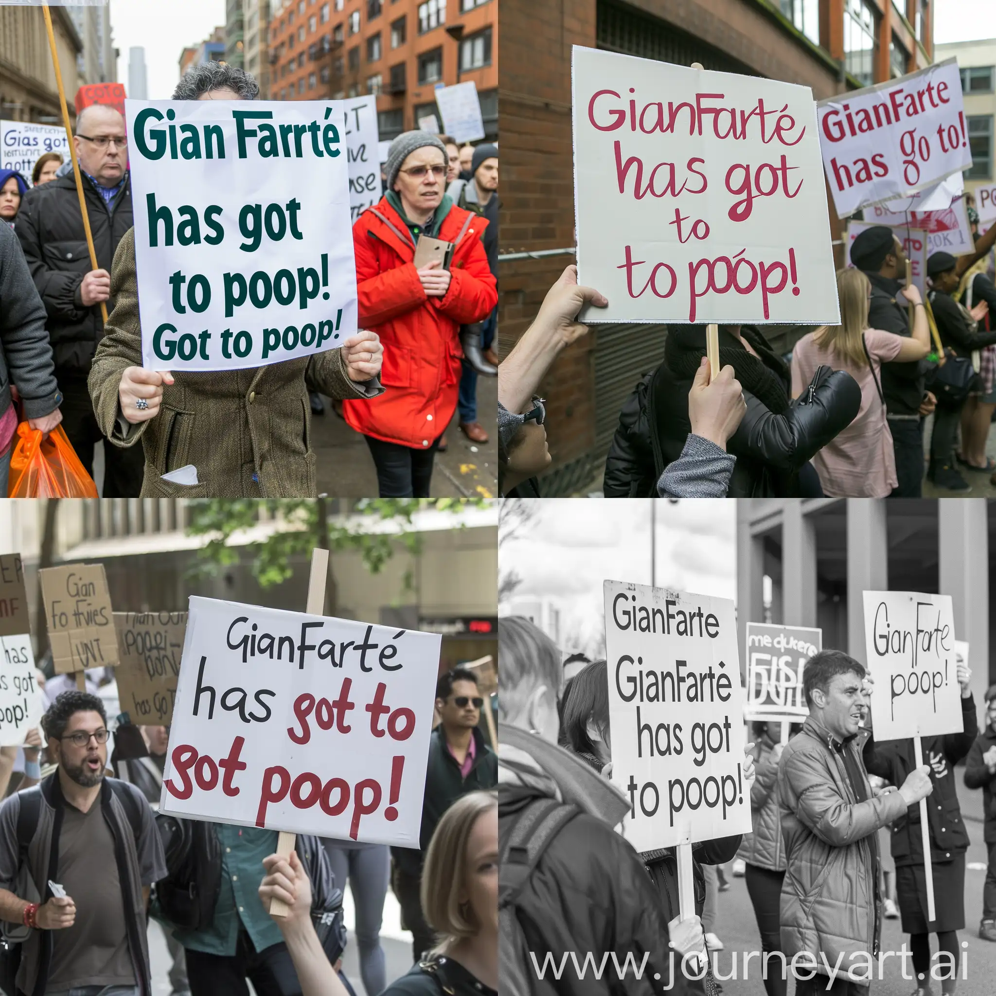 Picket signs with people holding them. Picket sign reads “GianFarté has got to poop!”