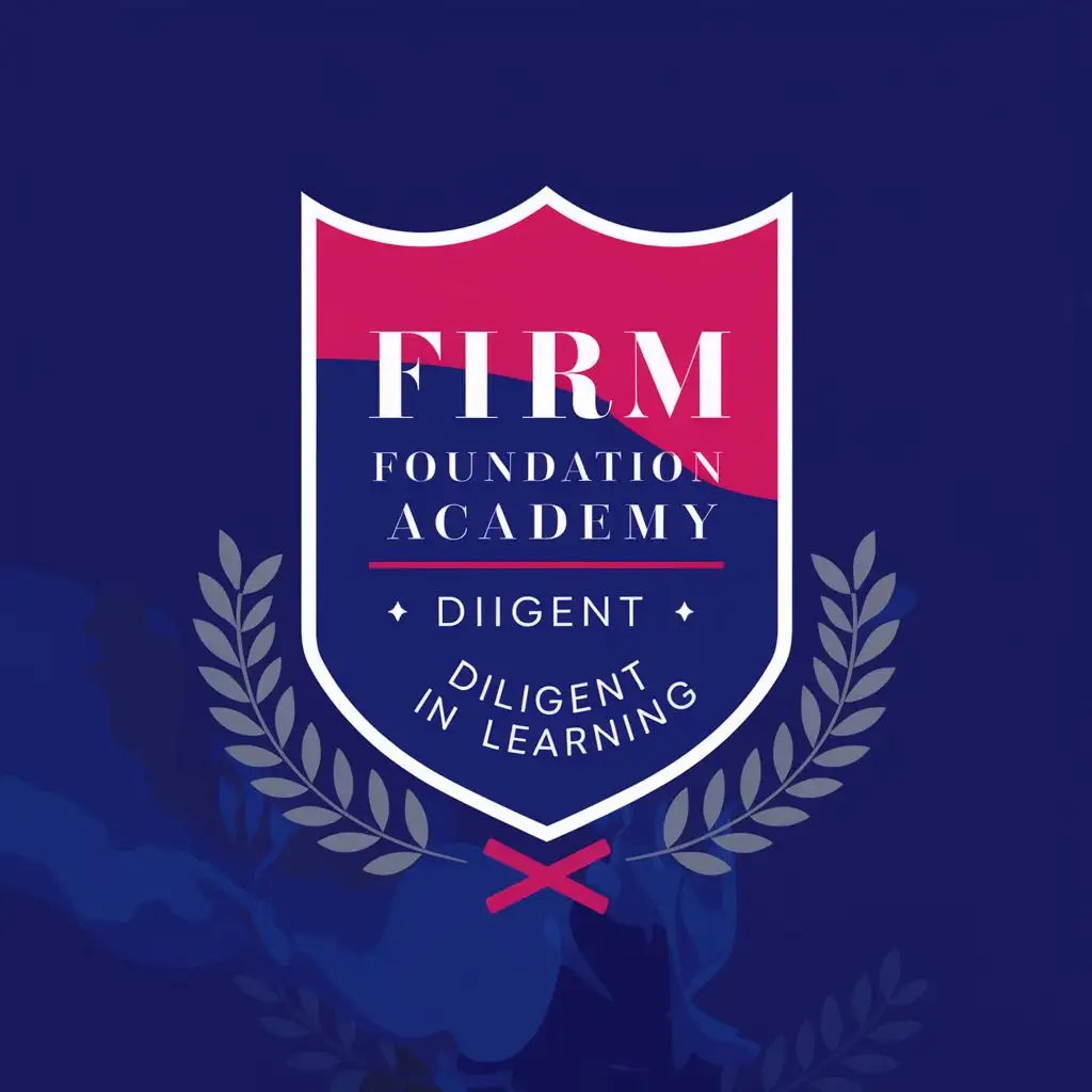 logo, royal blue and red colored school badge like a family crest, with the text "Firm Foundation Academy Diligent In Learning", typography, be used in Education industry eaglel holding a scroll in background