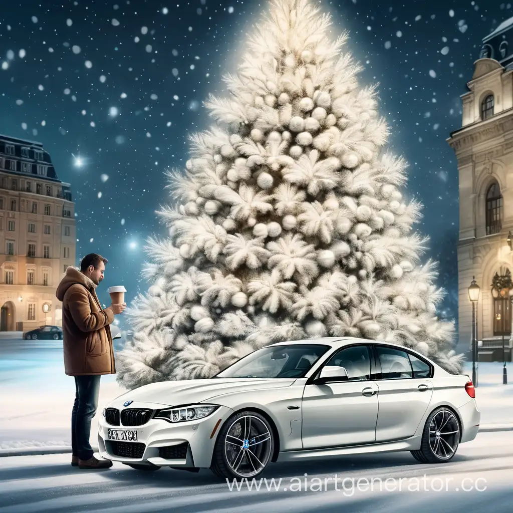 A man is drinking coffee alone in a white BMW in front of a New Year's tree in the evening
