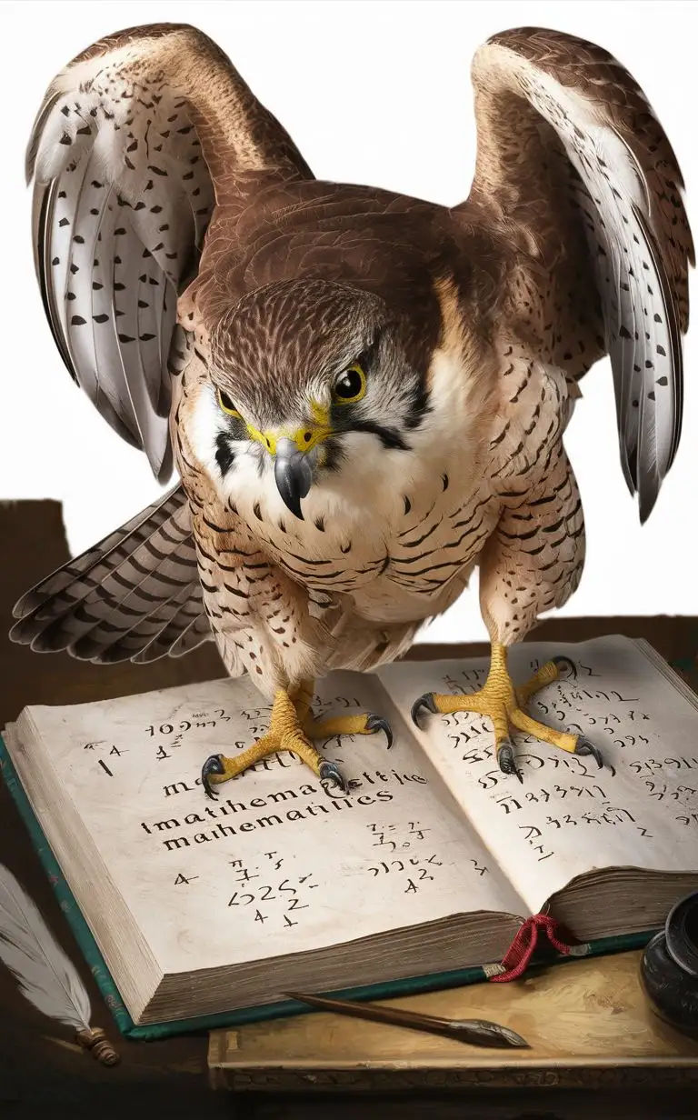 A falcon standing on a mathematics book