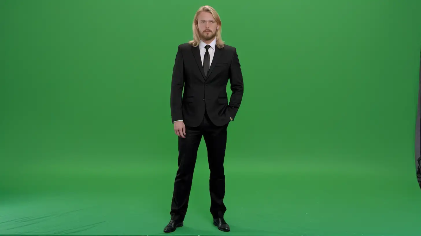 full body shot of a Long blonde haired man with a short beard in black suit standing in front of green screen