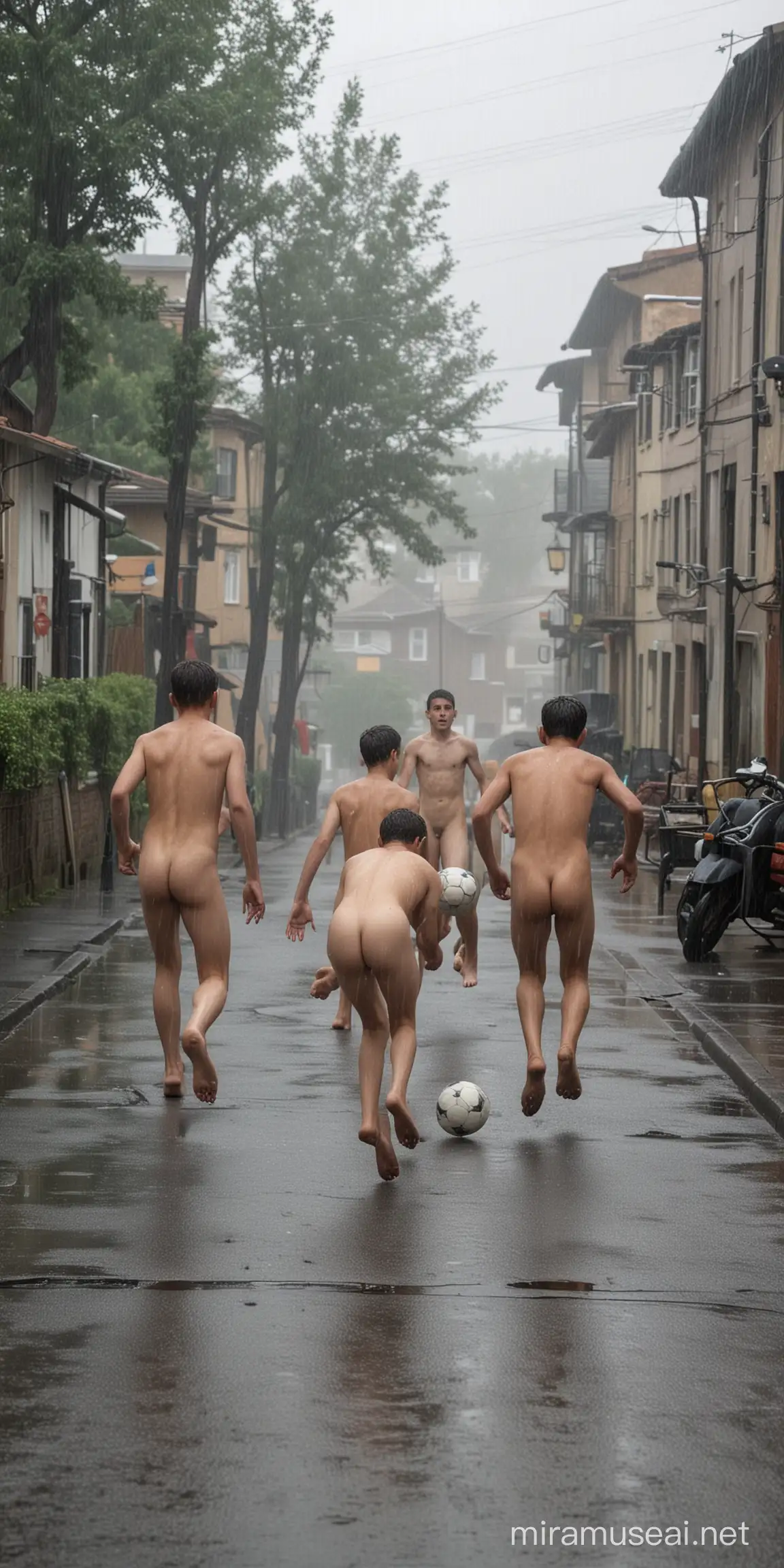 2 rapazes de 18 anos, nus, disputam bola de futebol em jogo no meio da rua. Um deles com o pé sobre a bola empurra o outro. Ao redor tem casas e árvores. Chovendo.