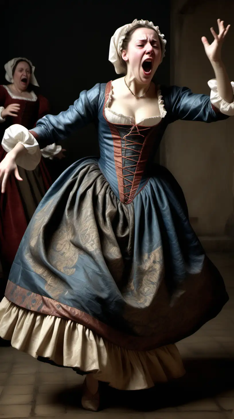 HyperRealistic Depiction of a Distressed Lady Dancing Uncontrollably in the 1500s