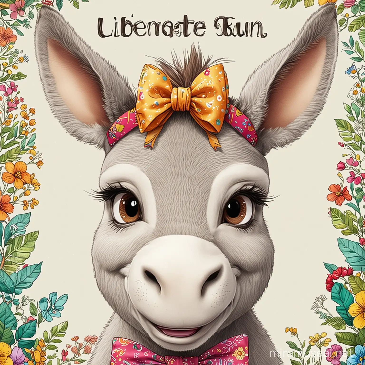 Generate ulustrate fun coloring book cover for 3 years old Smile donkey with bow full color