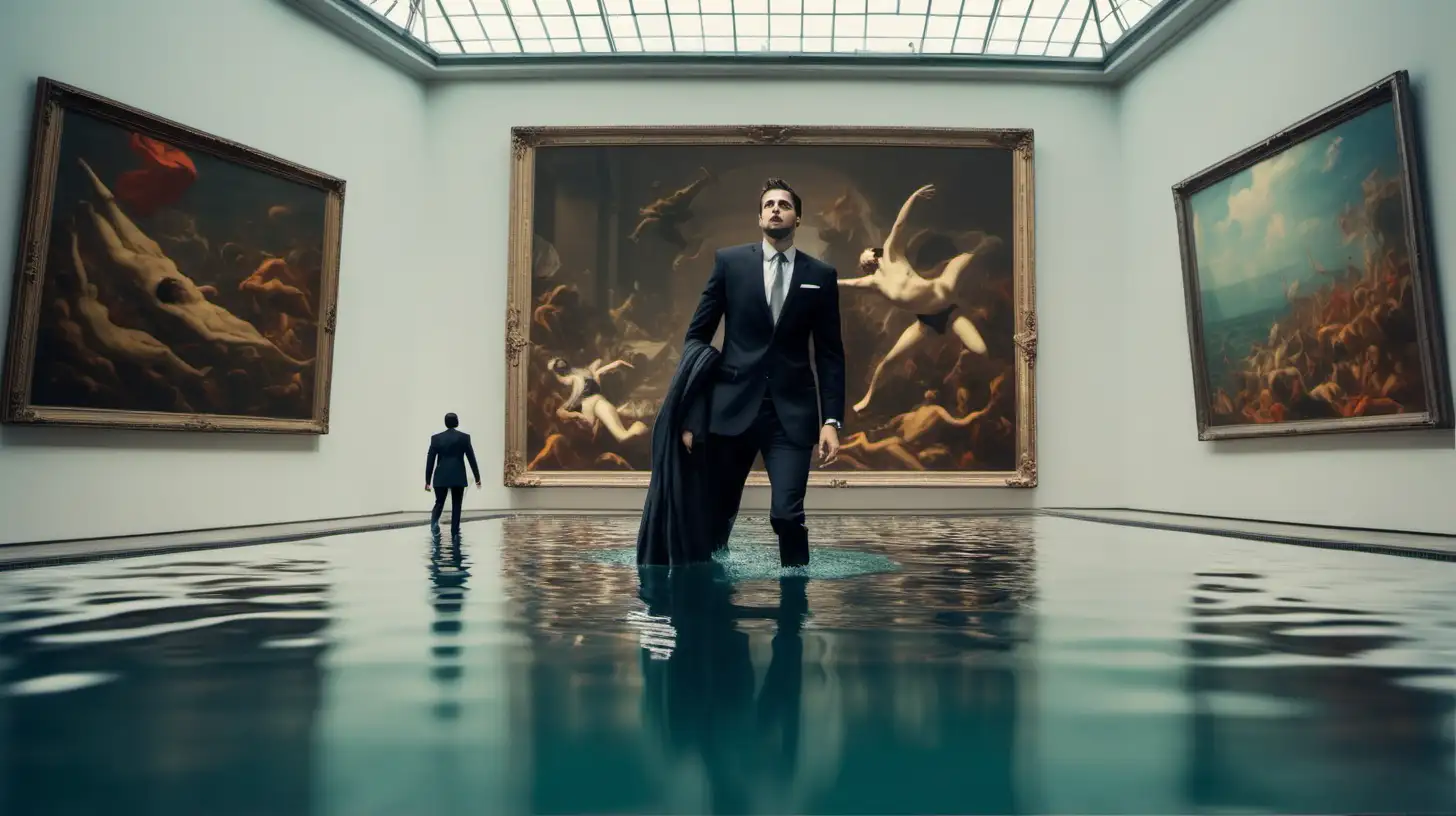 Man in business suit swimming through big art museum