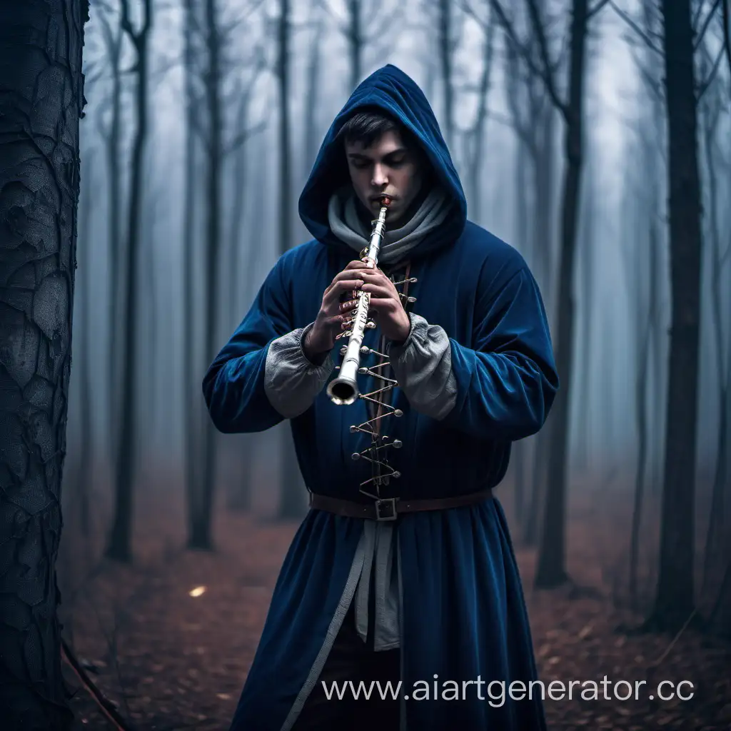 Одежда в стиле средневековья..Мужчина В капюшоне  играет на дудочке.В сумрачном лесу.
