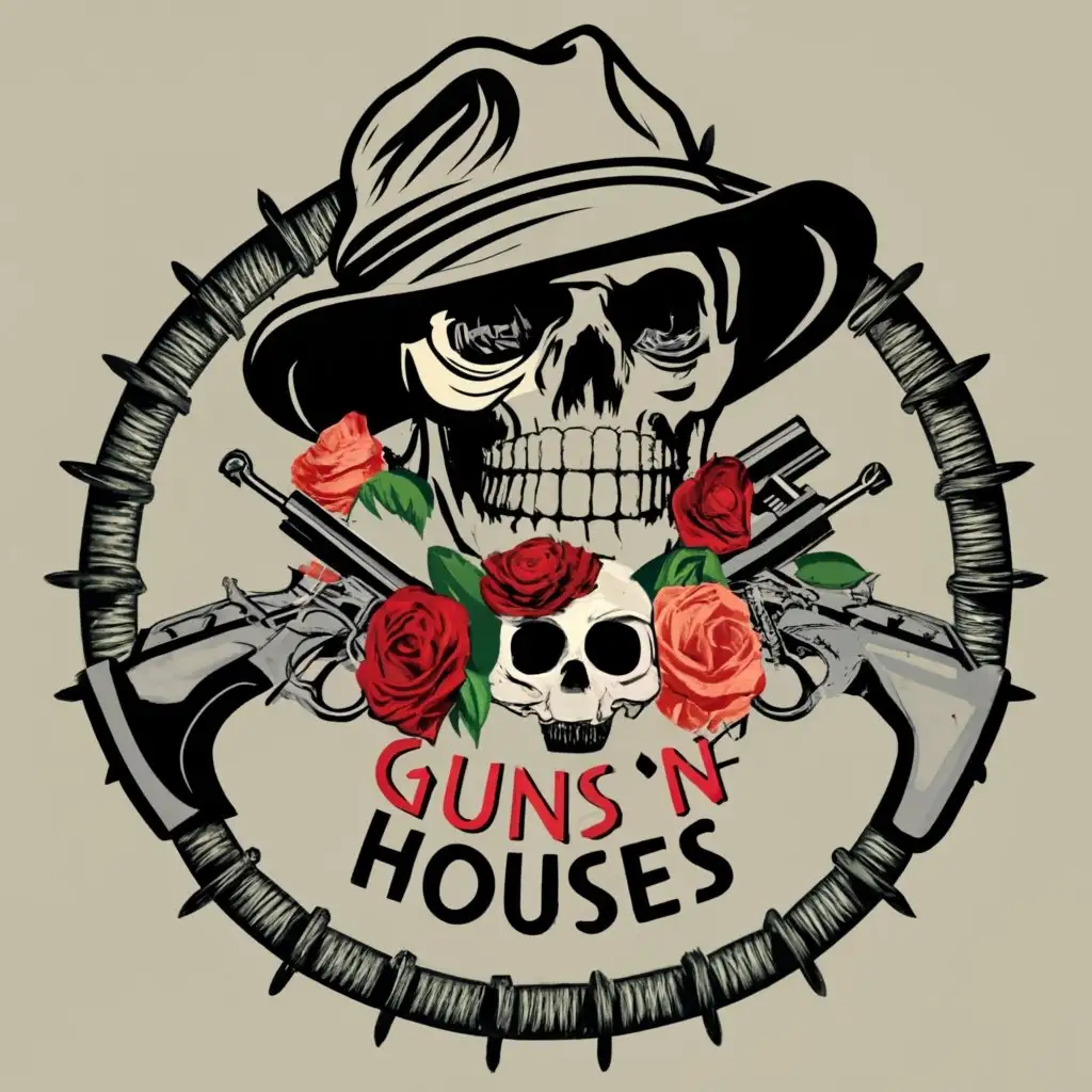 logo, Skull head, Respirator mask, Hat, Hoses, Roses, Barbwire, Spray Guns, with the text "Guns N' Hoses", typography