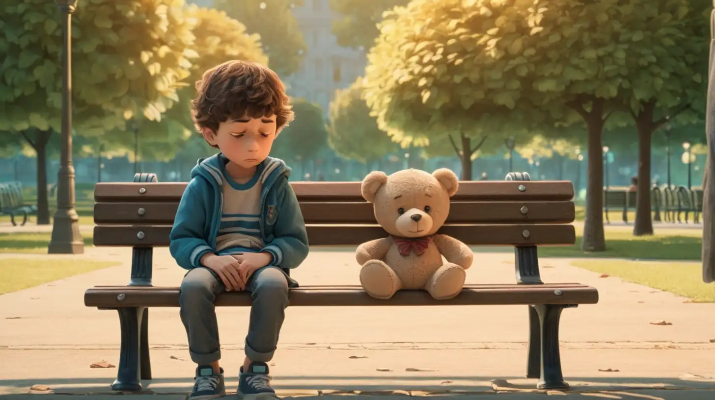 Lonely Boy with Teddy Bear in Park