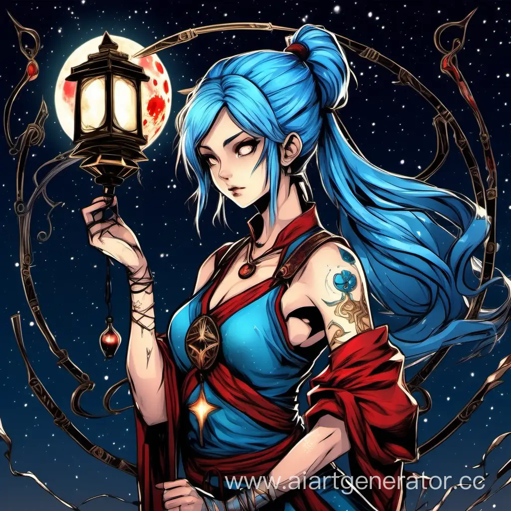 Draw a Star archer with cast blue hair Gathered in a ponytail in one hand A Star bow in the other an ancient lantern so that she looks furiously into the distance against the background of the Blood Moon