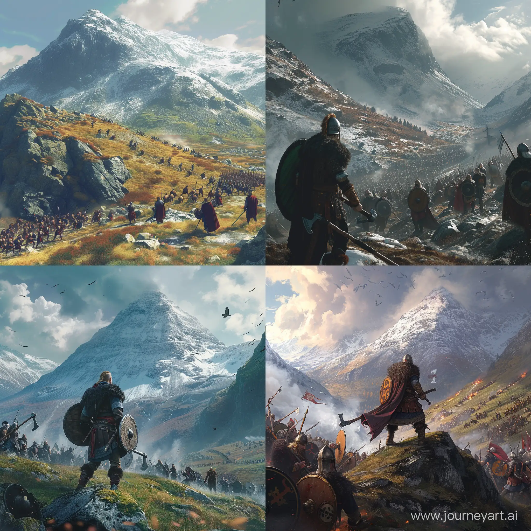 viking battlefield, on a mountain pass, realistic, 8k 