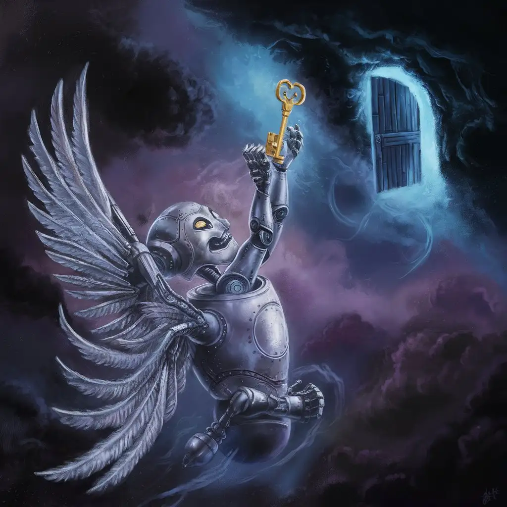 Robot-with-Metallic-Wings-Reaching-for-Golden-Key-in-Sky