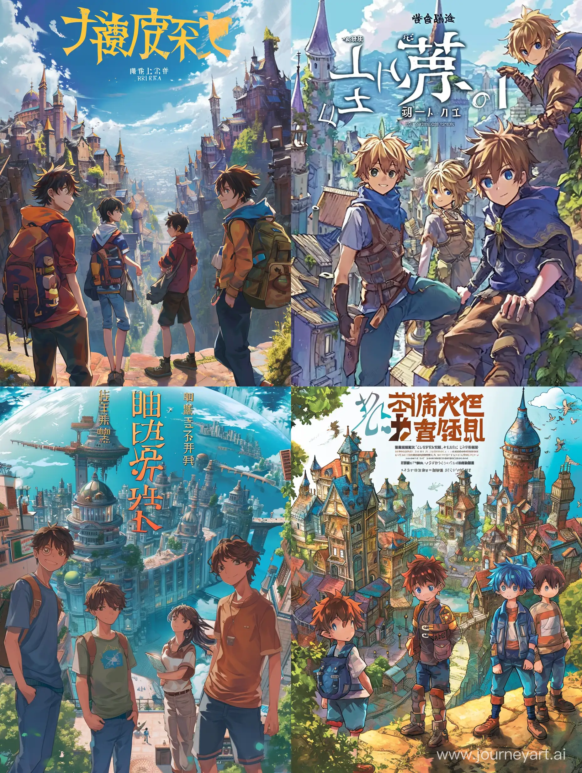 The cover for light novel, three boys and one girl, fantasy city, fantasy world with buildings.