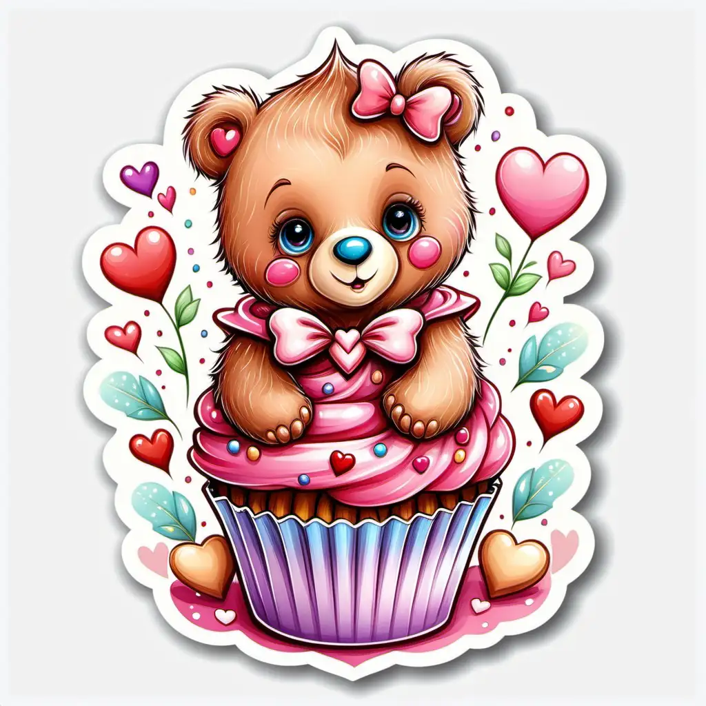 fairytale,whimsical,
COLORFUL
cartoon,valentine baby bear STICKER, decorated cupcake
bright pastel, white background,