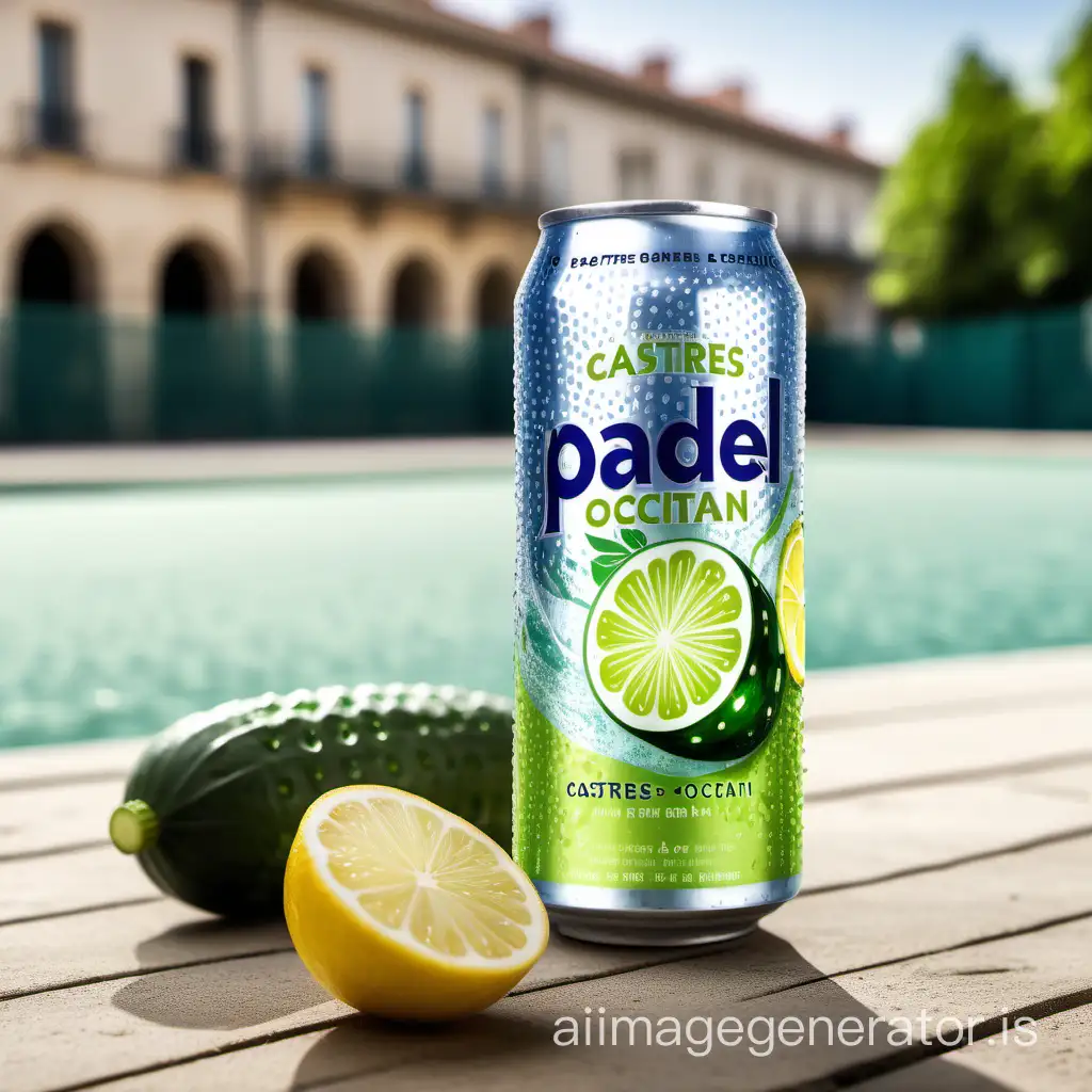 Carbonated beverage "CASTRES OCCITAN PADEL" with cucumber essence: background VILLE DE CASTRES, natural lighting, lemon setting, harmonious shades of green, SODA can element, clear focus, summer ambiance