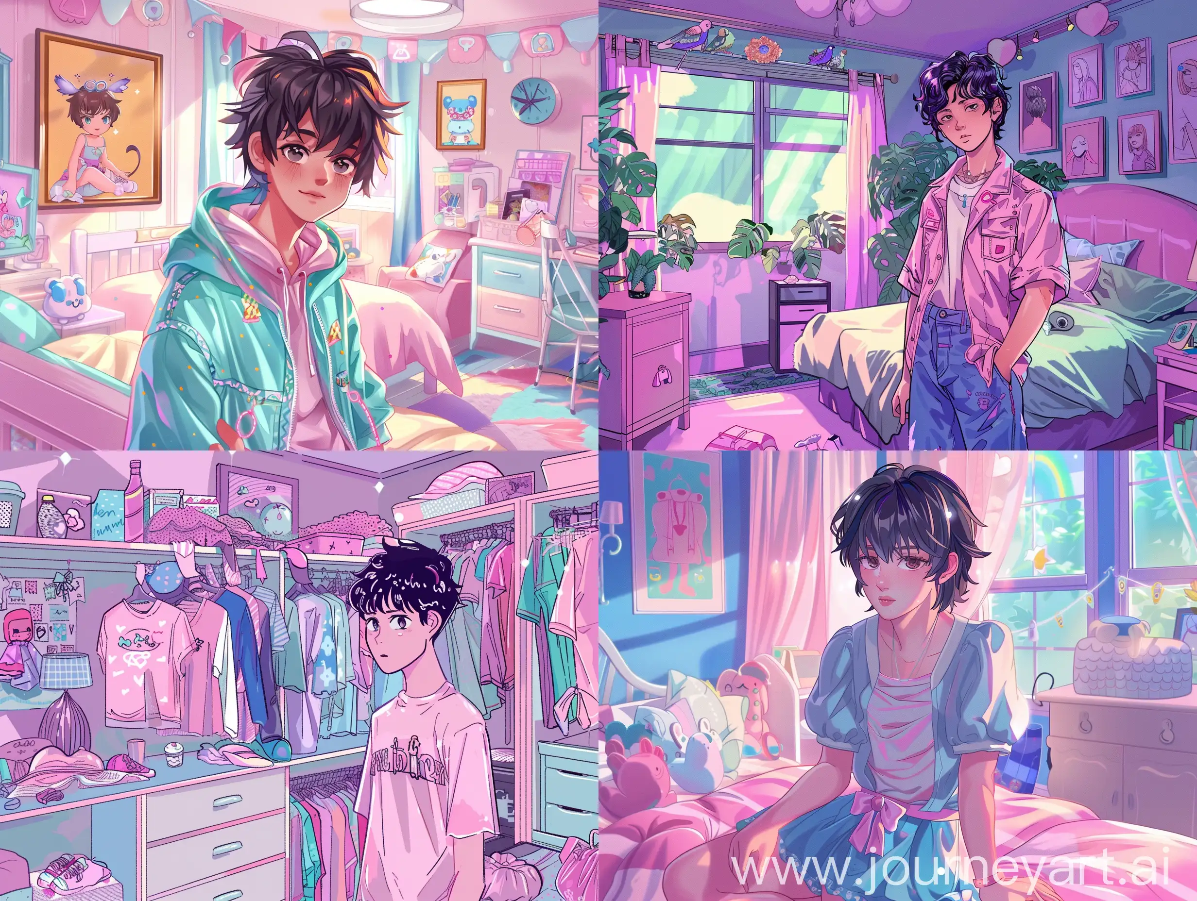 boy wearing girly clothes in a girly room, anime style