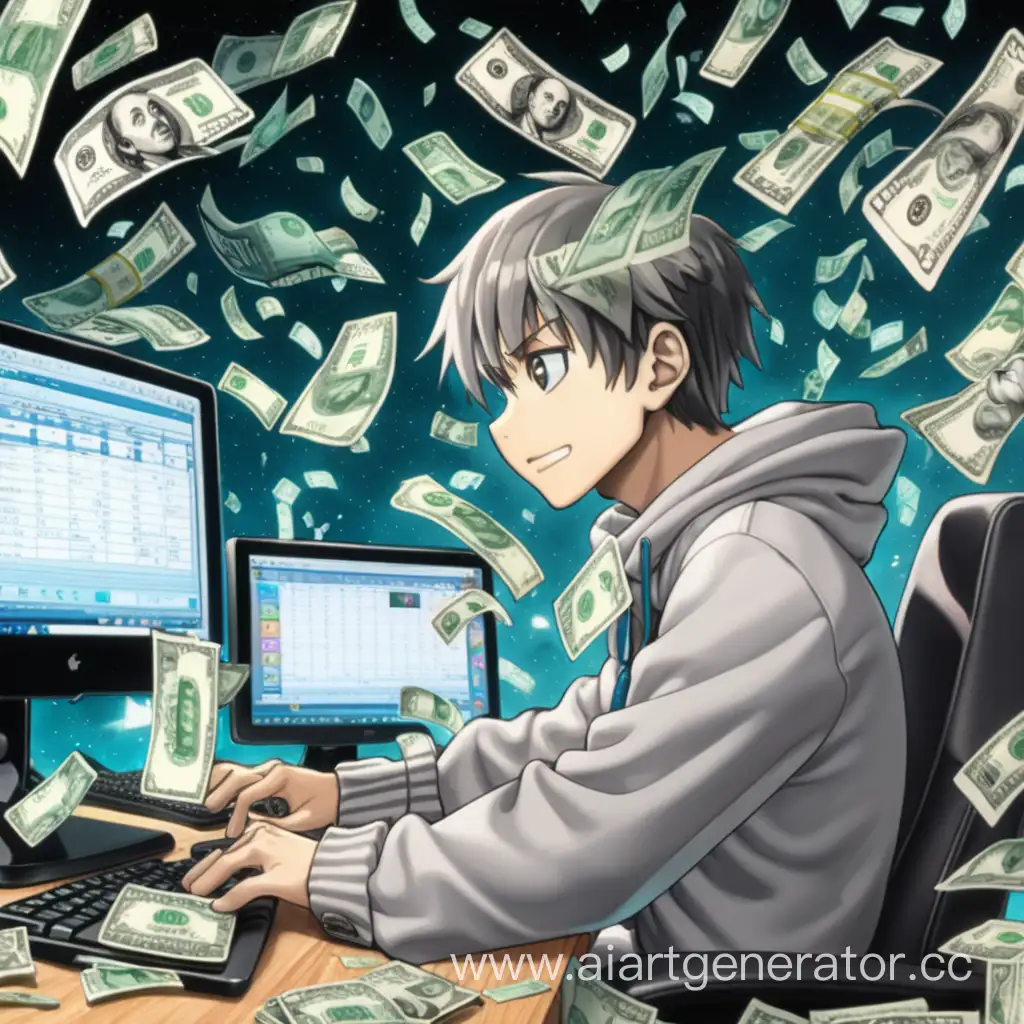 Аниме мужчина, который сидит за компьютером, а за компьютером летят купюры денег