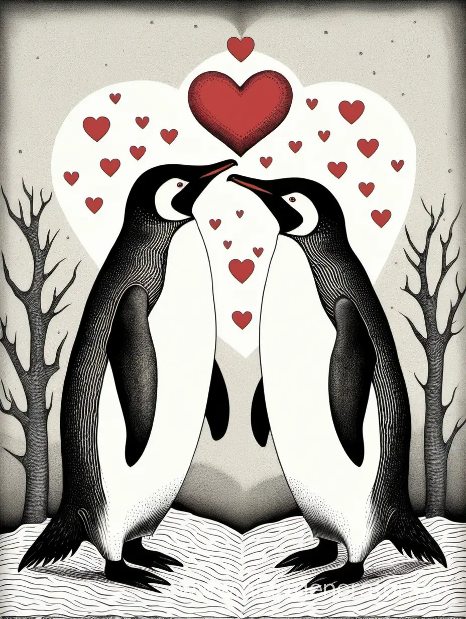 Penguins in love. Valentines day, hearts, edward gorey style