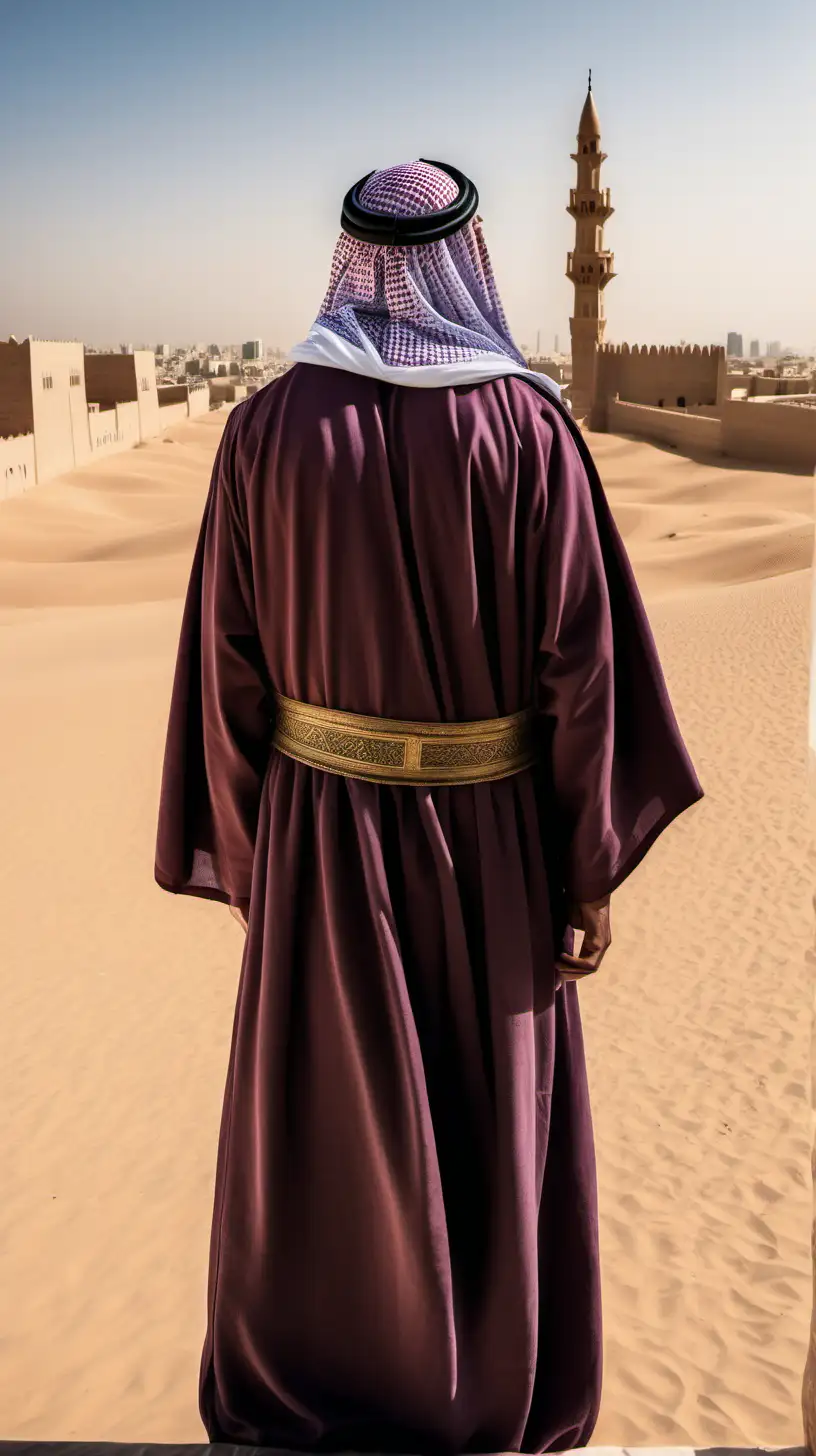 the back of a Arab male scholar from  the year 1200 looking into the distance
