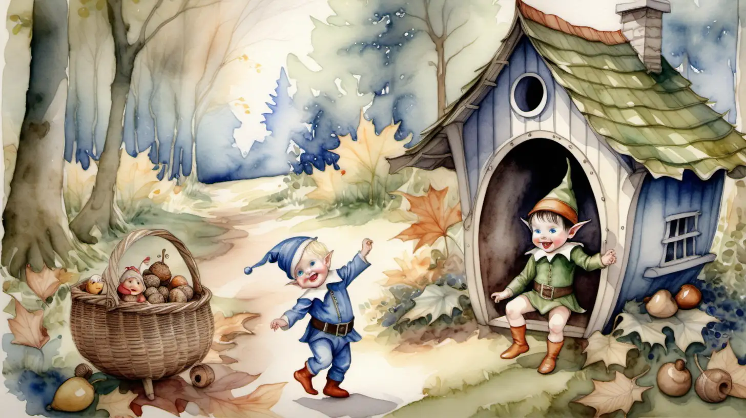 A watercolour picture of a young dark haired elf with blue eyes, he is wearing a hat made of an acorn top, he is dancing, there is a beautiful, blond, laughing baby in a wicker crib next to him on the ground, he is in front of a fairy house, there are woods in the background.