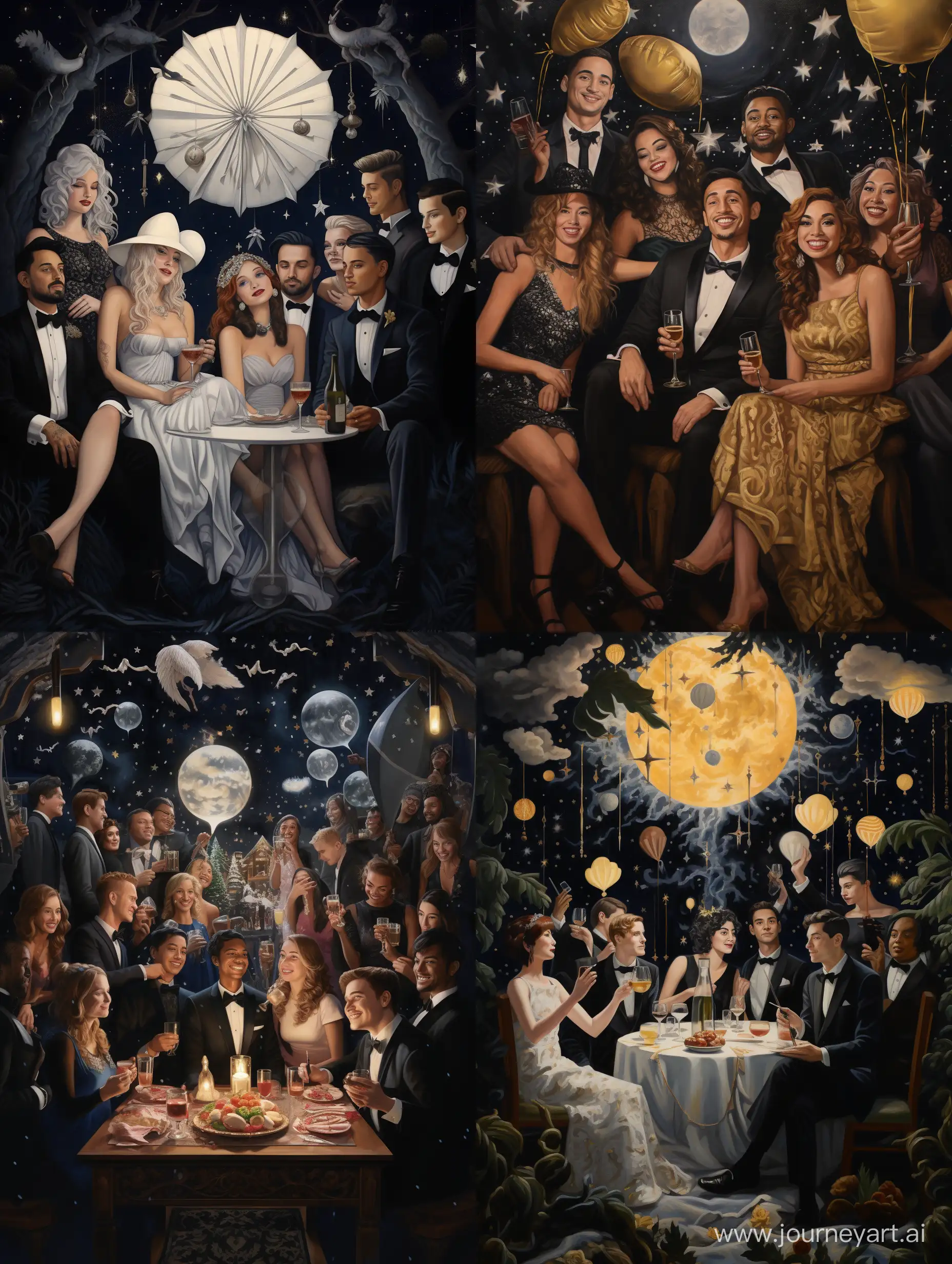  A diverse group of kind-hearted individuals, each with their own unique style and personality, coming together to ring in the New Year on a moonlit night.