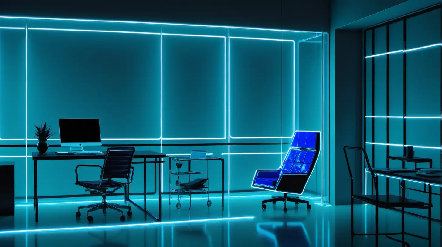 Futuristic Office Interior with Glass Walls Blue Neon Lighting and Minimalist Design