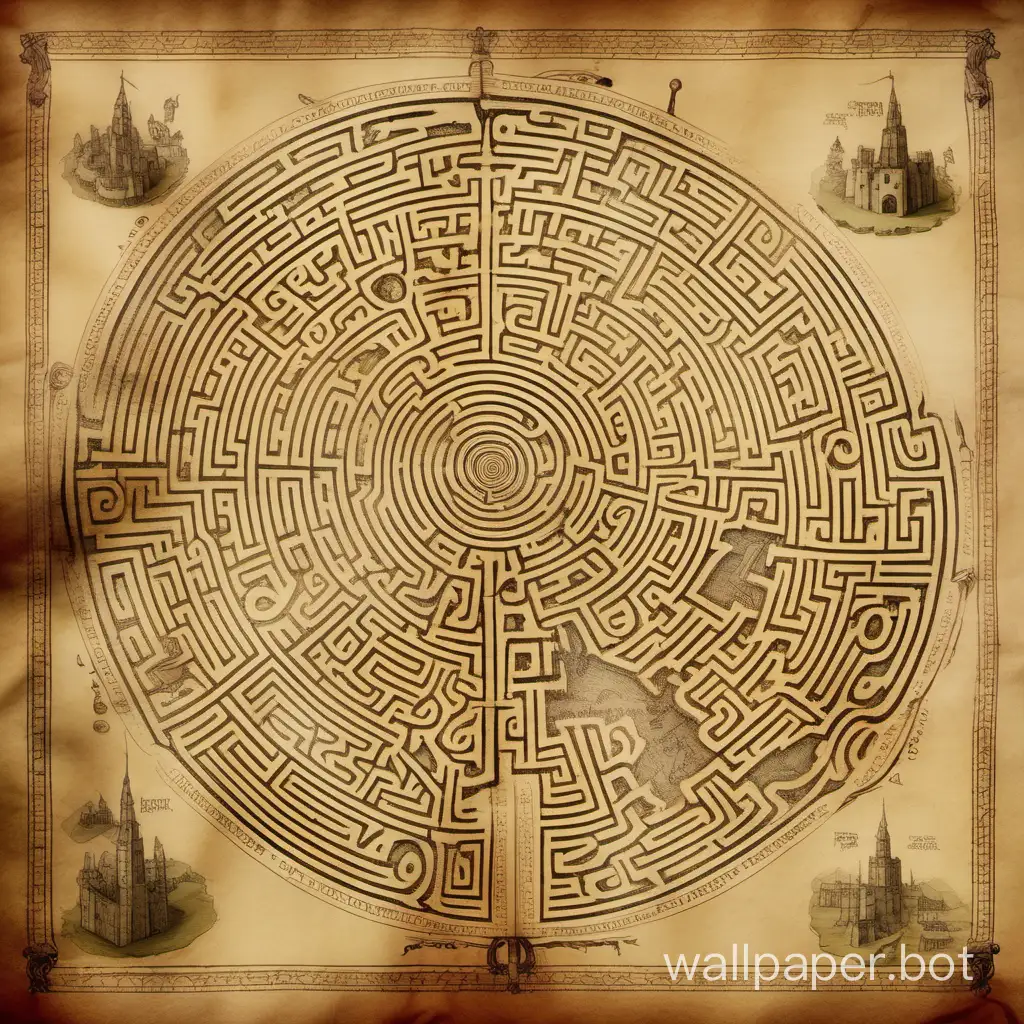 map of the labyrinth on a worn parchment scroll