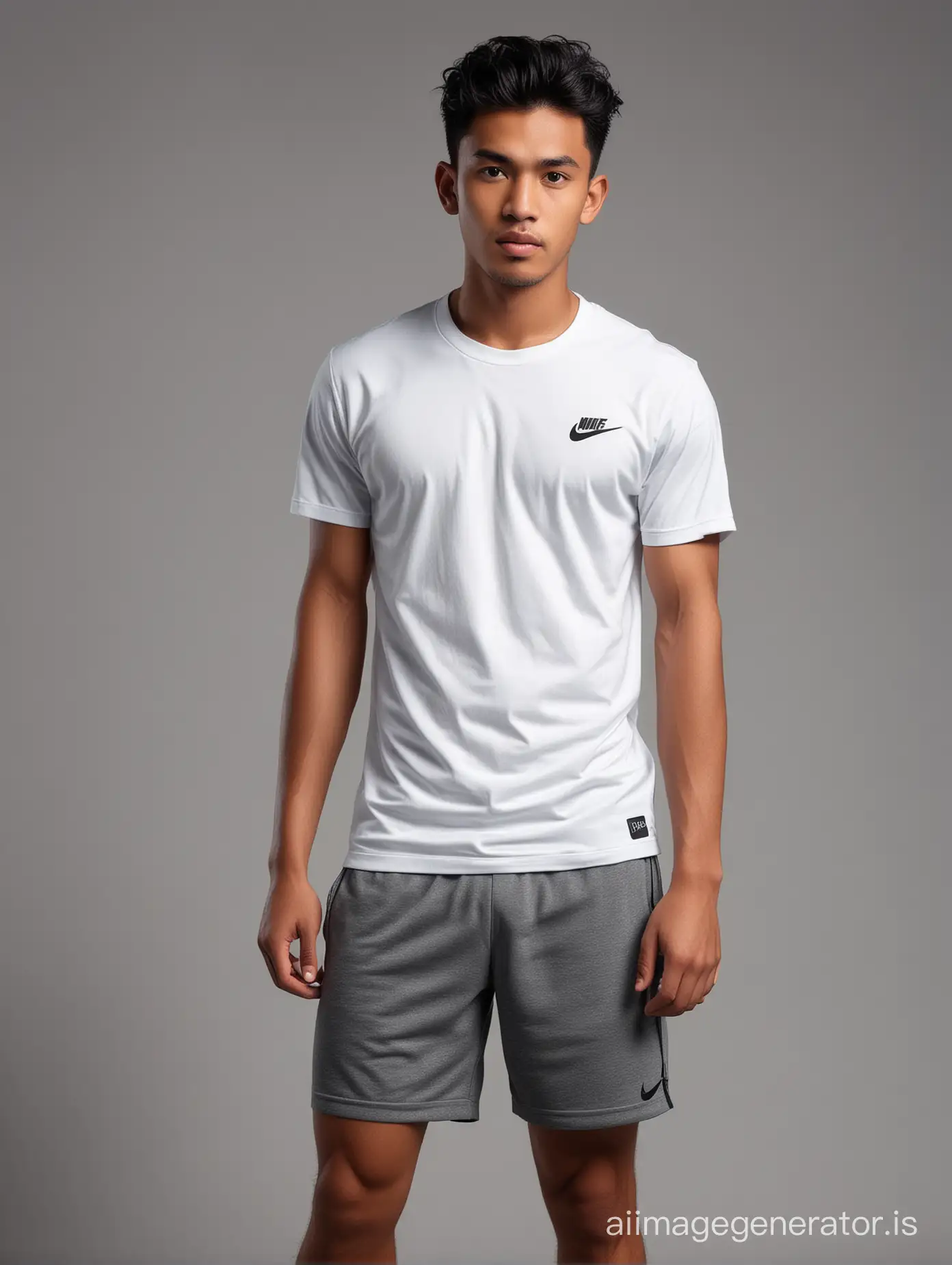 A handsome young Indonesian, wearing white fit tee shirt Nike, with grey Nike underwear boxer. Standing for photoshoot, of Nike white sneakers. Black short hair with skin head style, a little curly. Macho and cute photo. Background charcoal black. 16K UHD.