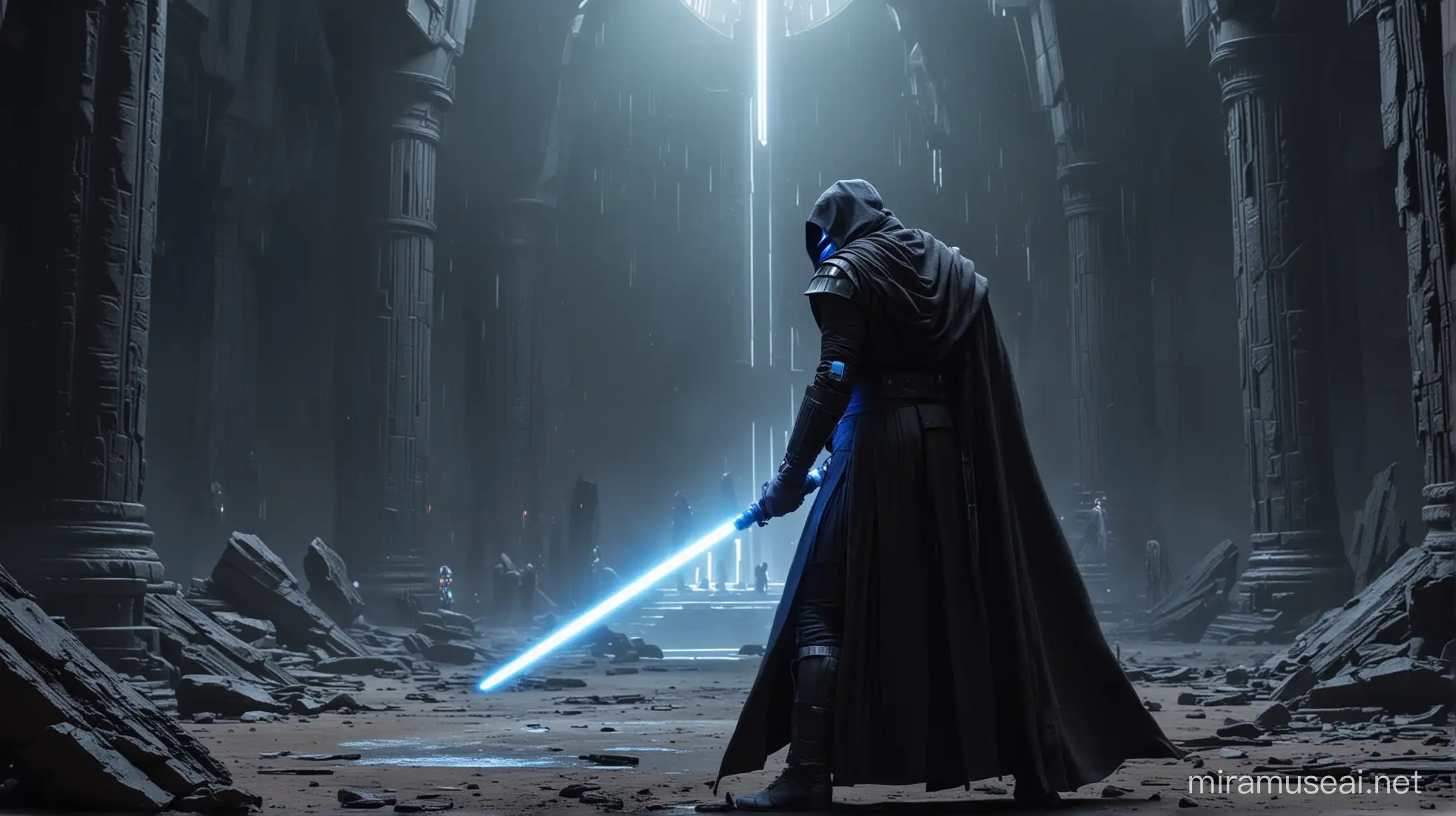 Dark Jedi Searching in Ruined Temple with Blue Lightsaber