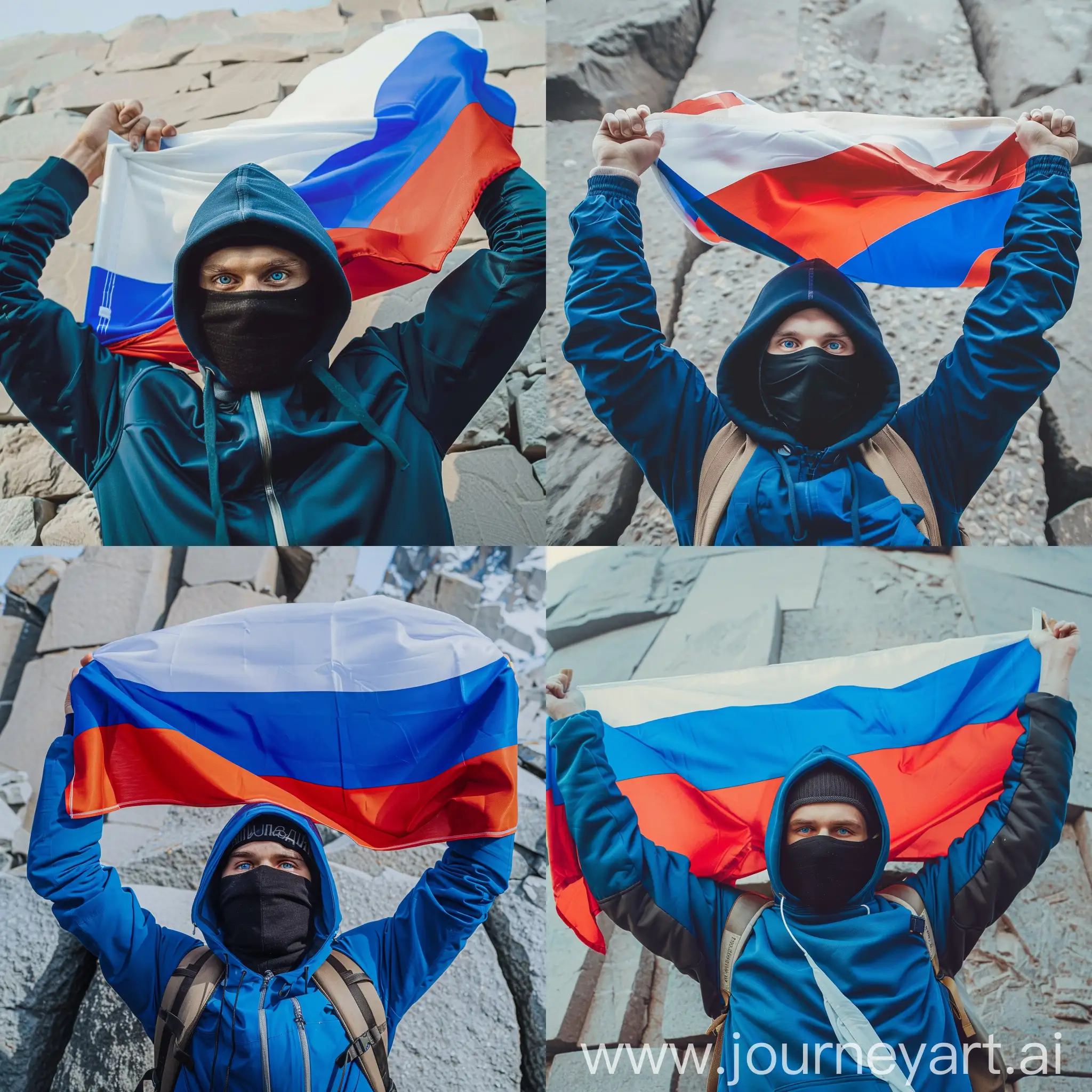 A man in an black ski mask.  He has a blue hoodie with his hood on his head. The picture shows all od his body from head to toe. He is holding the russian flag in his arms over his head. he has blue eyes.  He stands in front of a grey wall which is made from lone stones. the flag is as wide as his stretched arms.