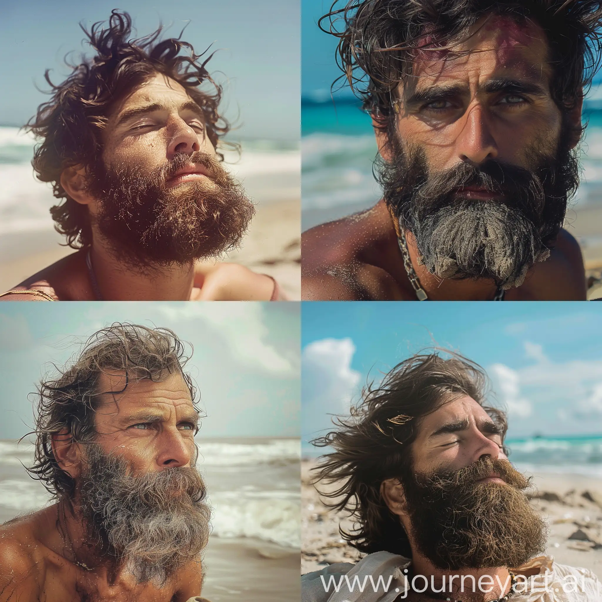 stoned man with beard and without heat. stay on lonley beach
