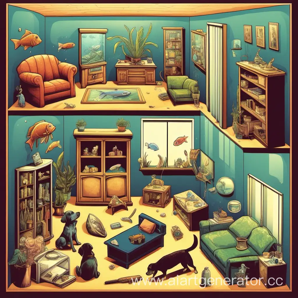 A room with different furniture inside. A dog, an aquarium, a robber

