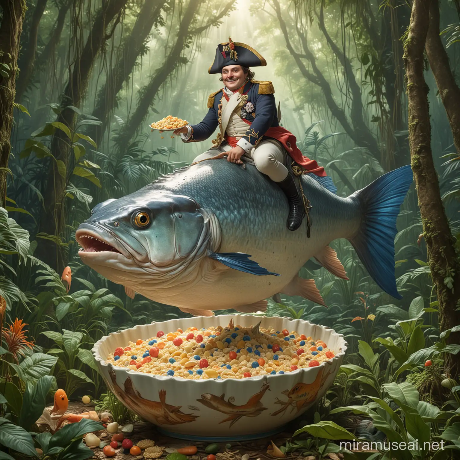 A happy Napoleon rides a giant fish in the jungle while eating cereal from a bowl shaped like a panty butt