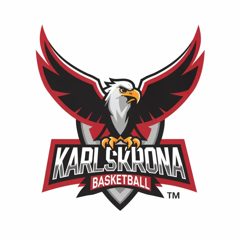a logo design, with the text 'Karlskrona Basketball', main symbol: Eagle Basketball Red Black Fire Aggressive A basket-ring behind, Moderate, to be used in Sports Fitness industry, clear background
