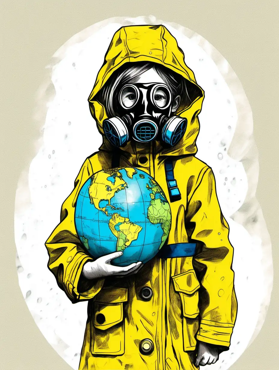 Little girl with black Gas mask wearing yellow rain coat holding round green and blue globe ball atlas sketch
