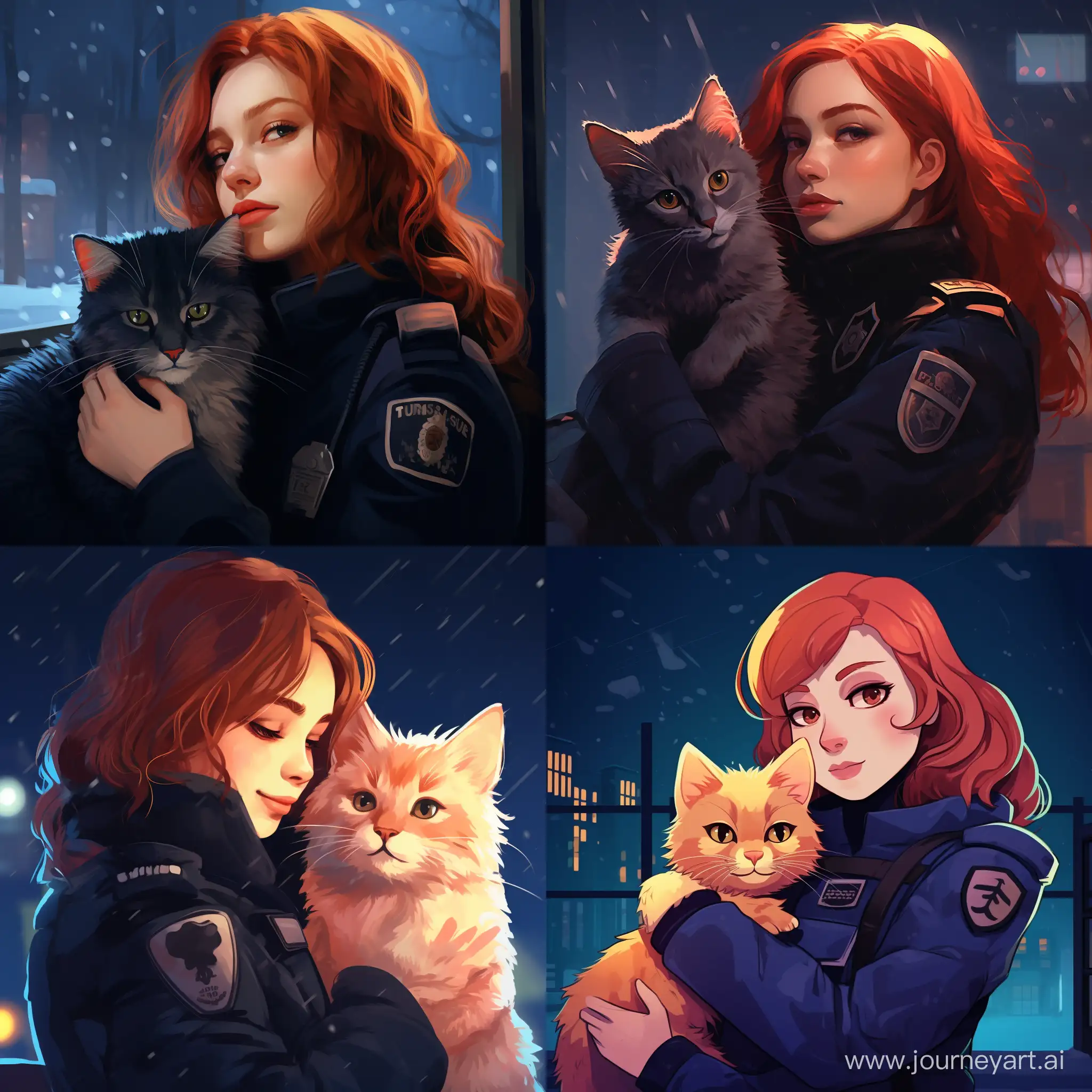 RedHaired-Girl-in-Winter-Night-Police-Uniform-Holding-Cat