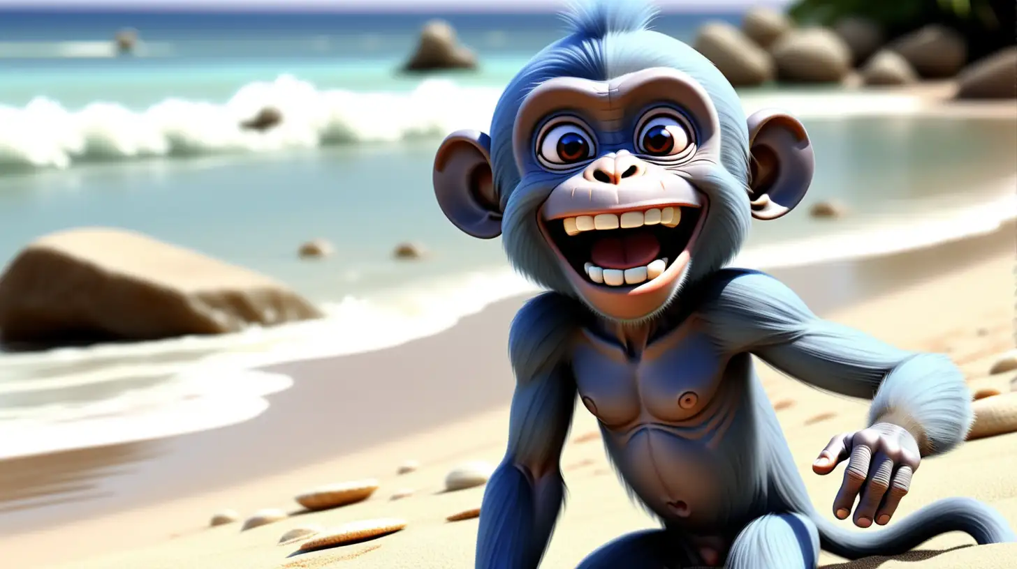 generate  blue monkey happy smiling, inviting, having a good time playing on the beach. 