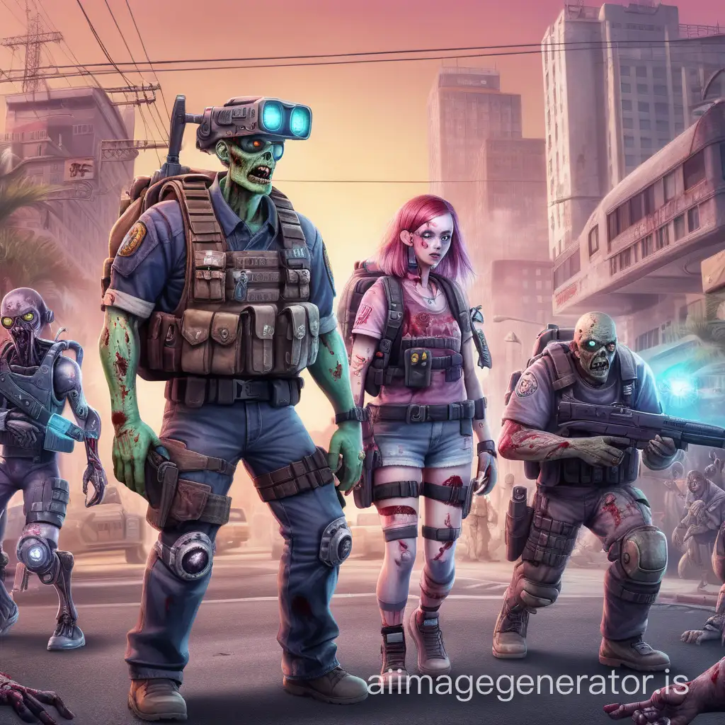 real RPG, humorous zombie apocalypse, distant future, cyborgs, various colors instead of blood, different locations, different characters, different humorous situations, attention to detail, high-quality images