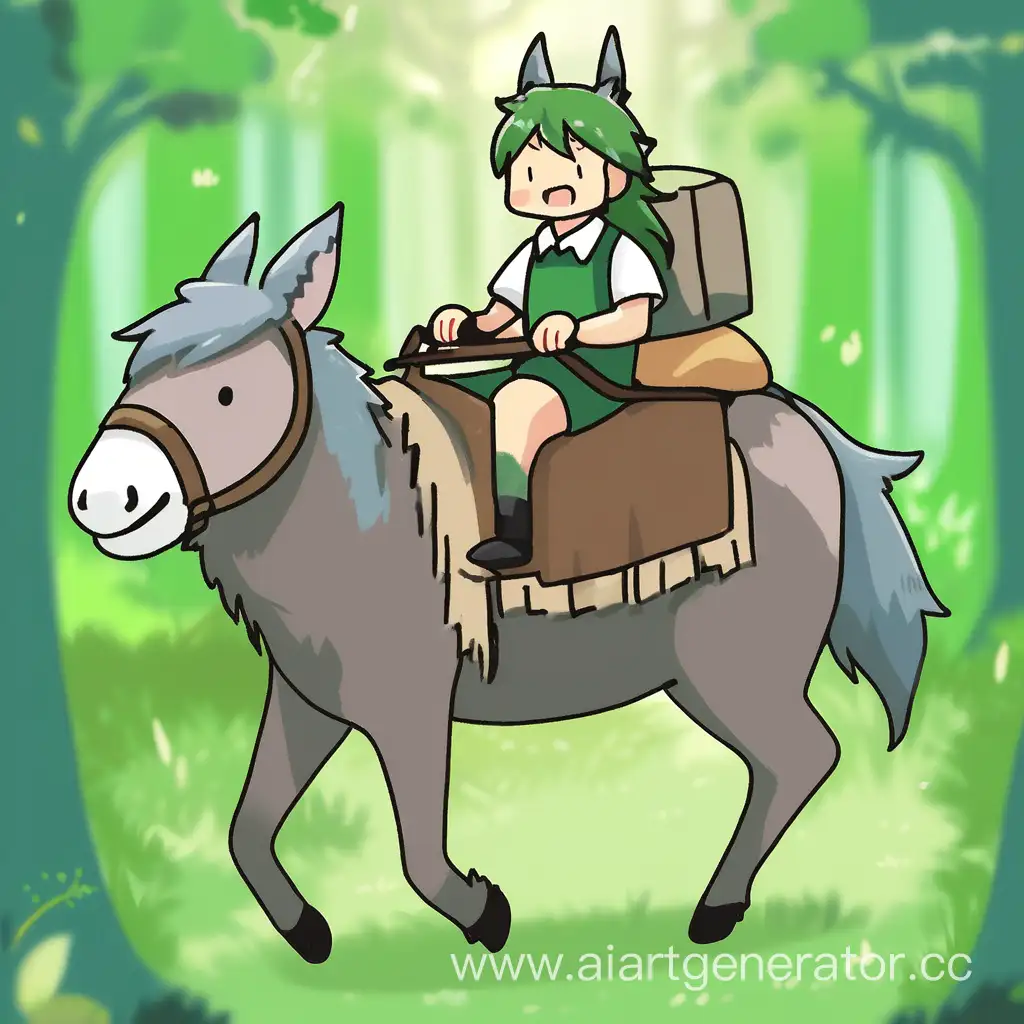 wolf riding a donkey in the green forest