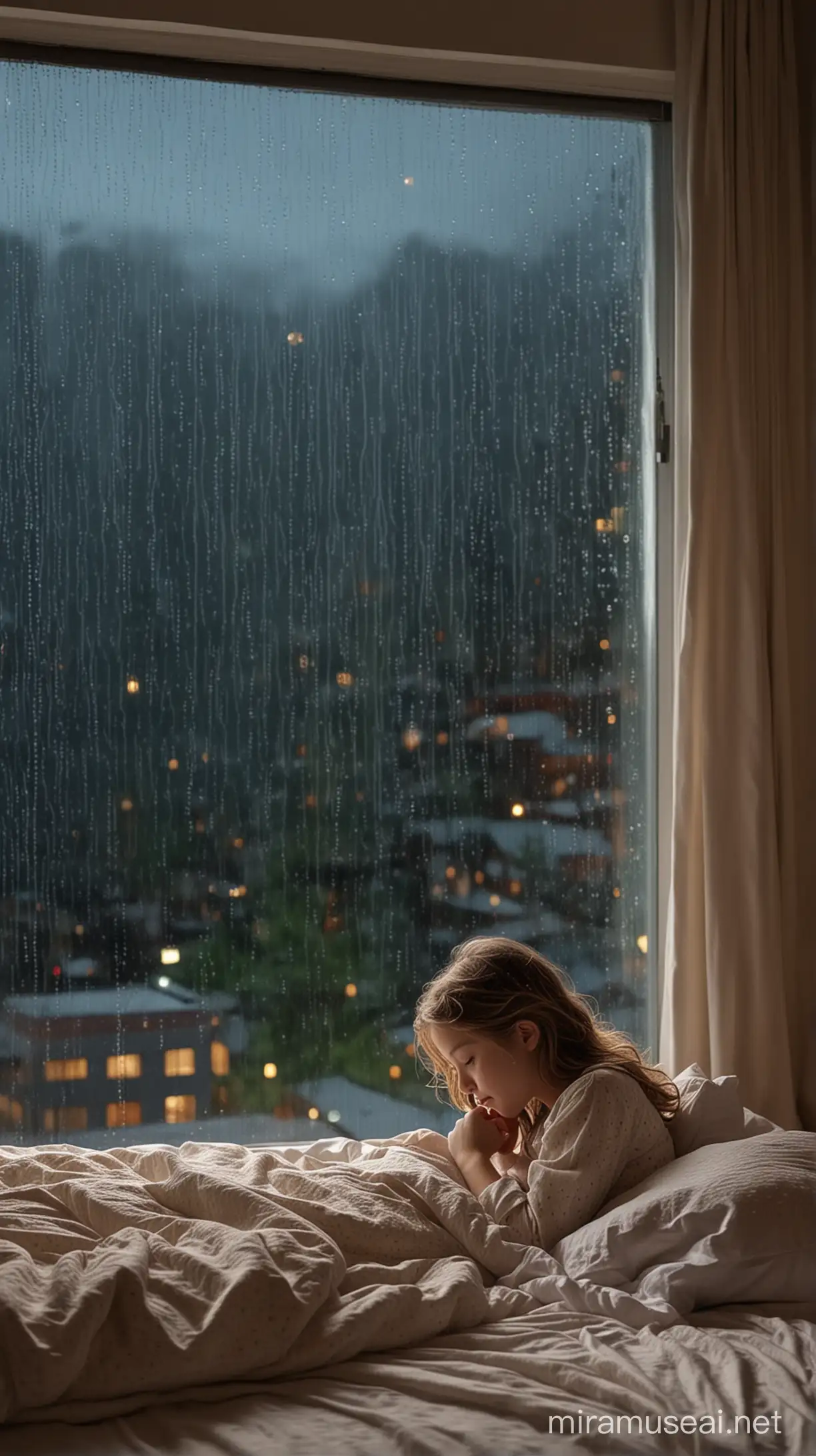 In front of the immense floor-to-ceiling glass window, the gentle night rain pours down like threads. A little girl lies quietly in bed by the window, sleeping soundly, surrounded by warmth and tranquility.