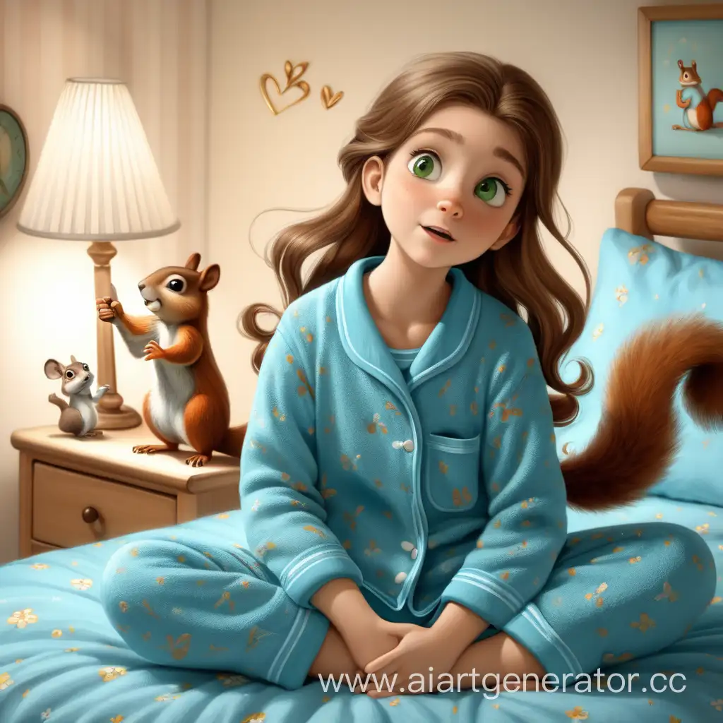 девушка с коричневыми волосами до плеч, зелёными глазами сидит на кровати в голубой пижаме, поёт во сне песню про белку