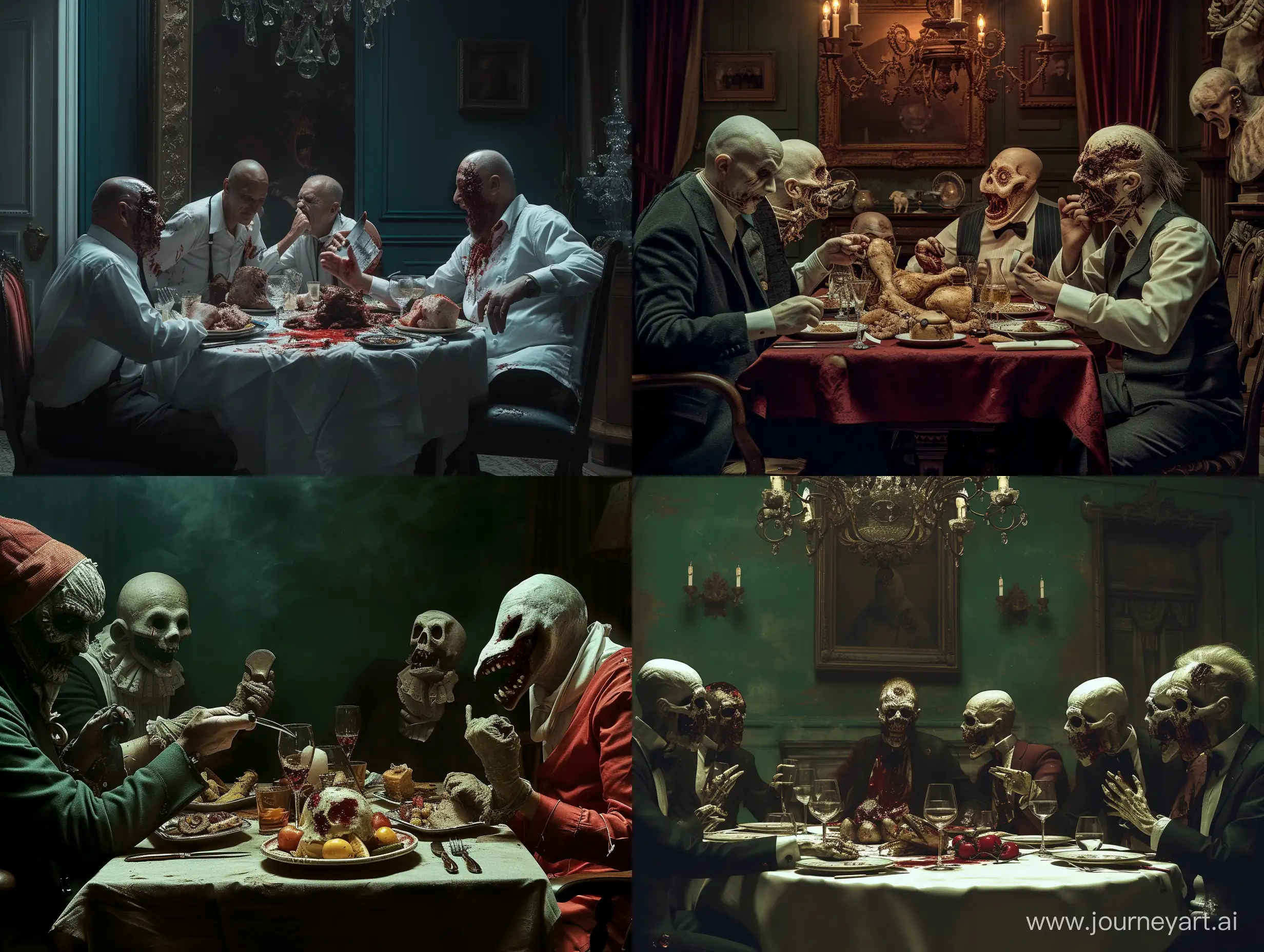 A darkly humorous scene where a group of eccentric killers gather for a night of fine dining, discussing their gruesome methods and sharing a laugh over their shared hobby. Bon appetite!, phone photo,