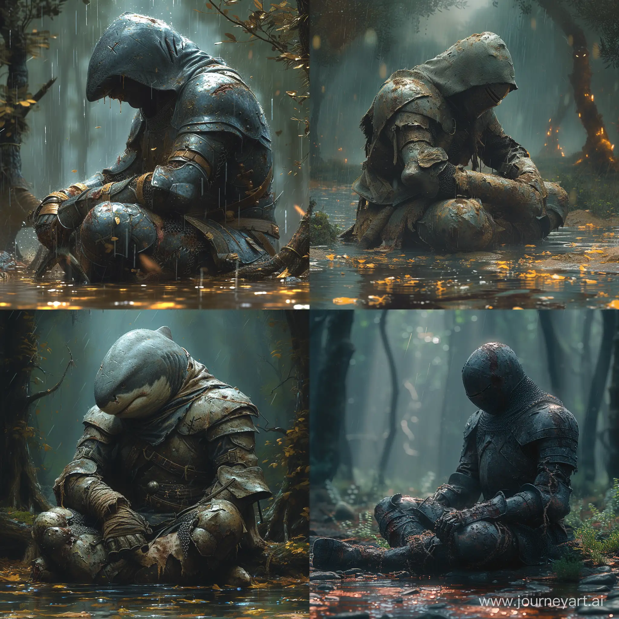 An shark  medieval knight sitting tired and exhausted with wounds, his armor rusty and worn out, sitting in the middle of a dark forest with light lighting, thunder and rain, from a dramatic angle and with high resolution and very accurate and realistic details. The picture is saturated with colors with reflections in the water surfaces and some fog. And effects depth of field ultra realistic hyperrealistic dramatic angle camera shooting --stylize 750 --v 6